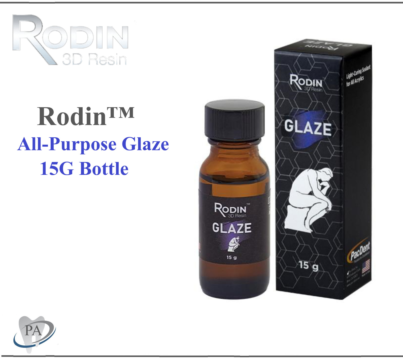 3D Resin, Rodin Glaze All-Purpose Glaze, 15g Bottle, Pac-Dent, 3DR-GLZ-15