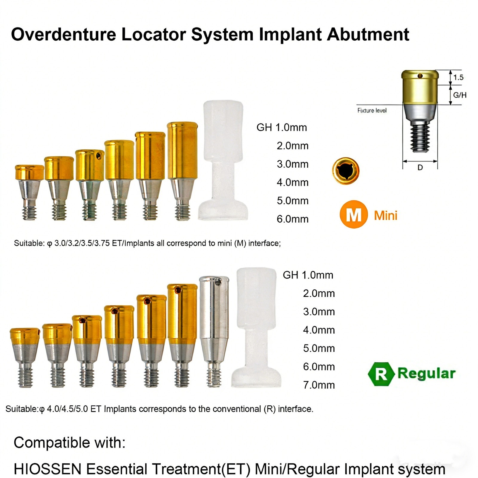 US Hiossen ET Dental Locator Overdenture Abutment fit Zest Metal/Male Cap Insert