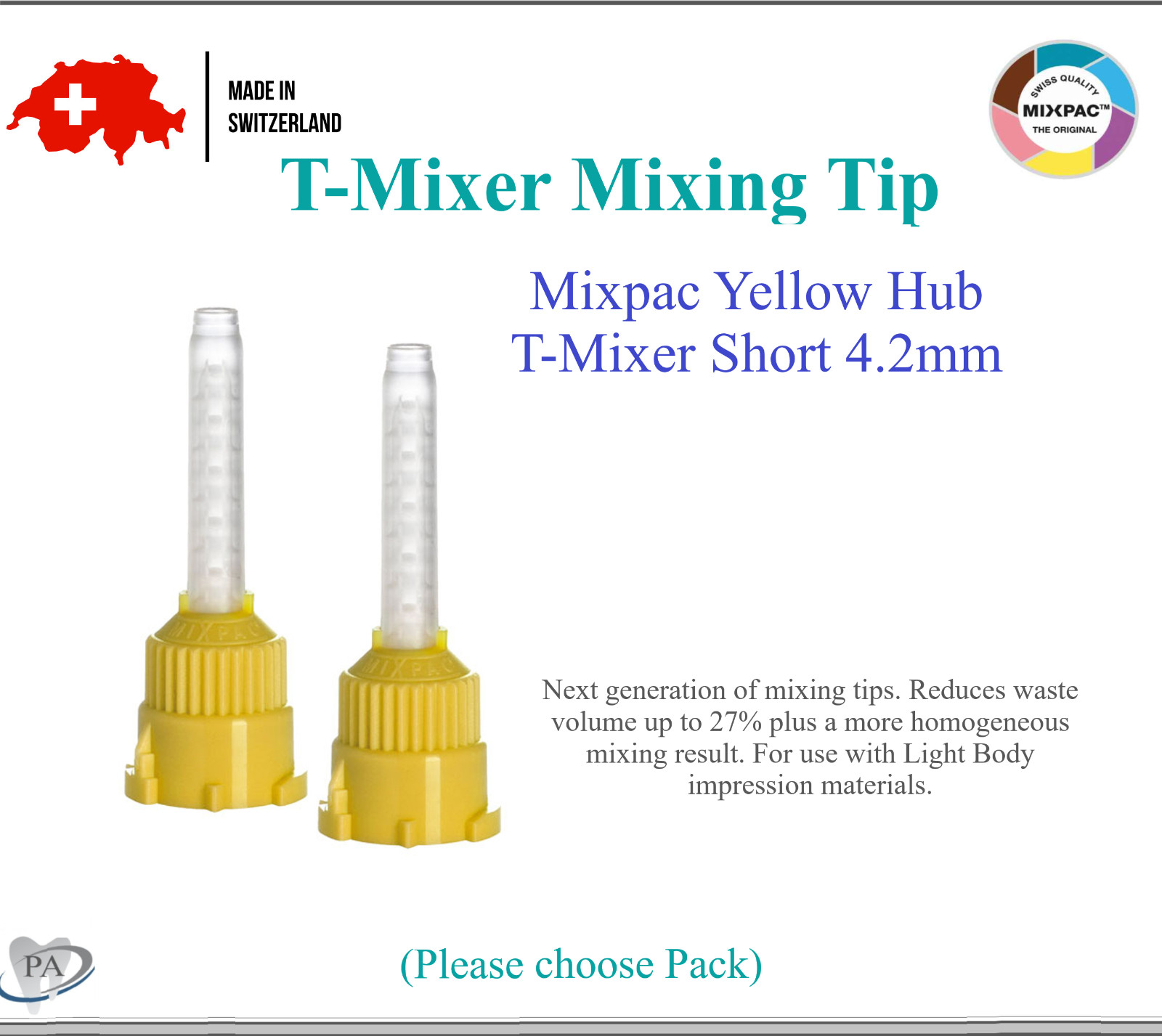 Dental Teal T-Saver Mix Tip 6.5mm. VPS Impression HP MIxing Tips Yelllow Short
