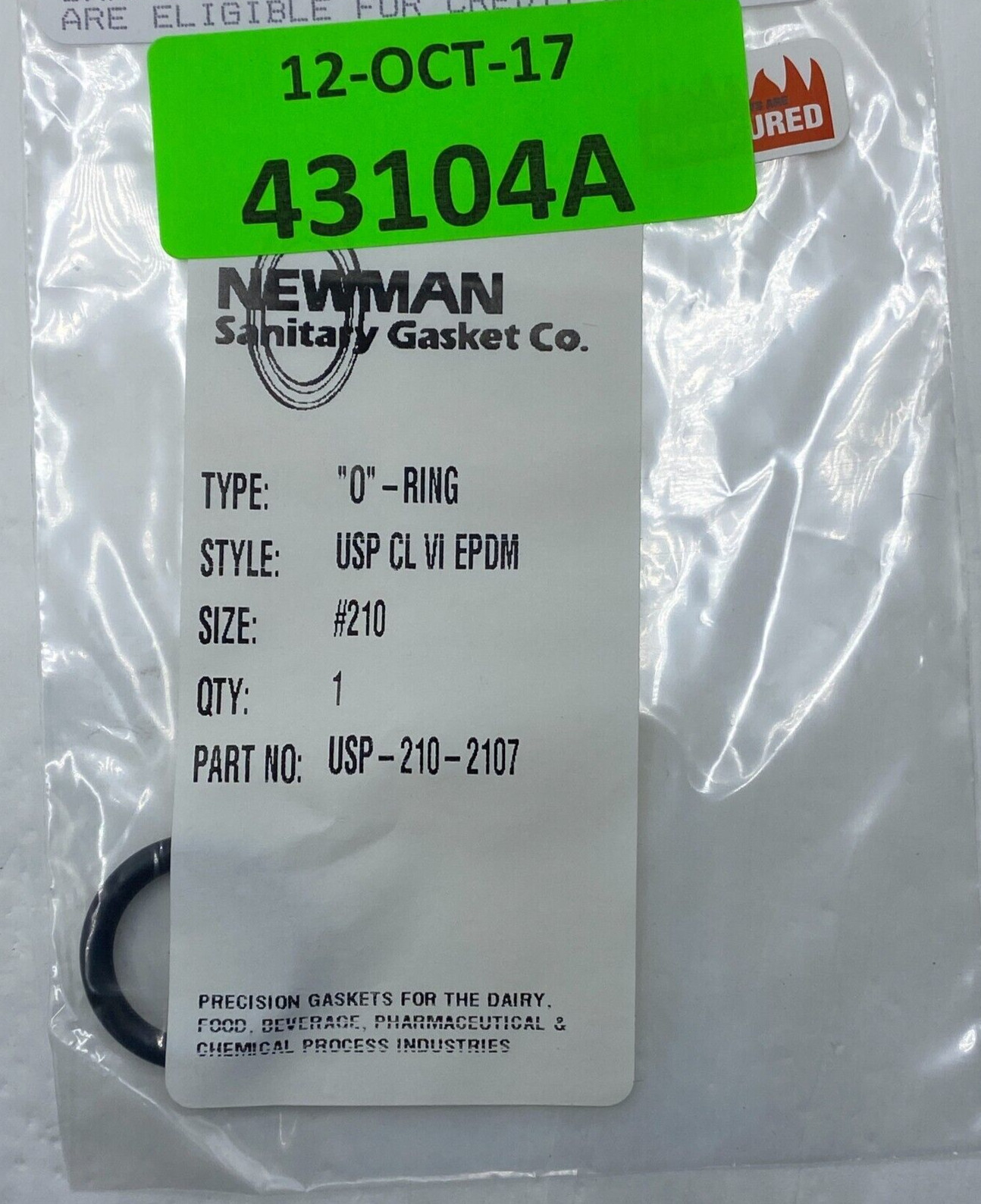 NEWMAN USP-210-2107 SANITARY GASKET SIZE #210 O-RING OSP CL VI EPDM LOT OF 10🔔