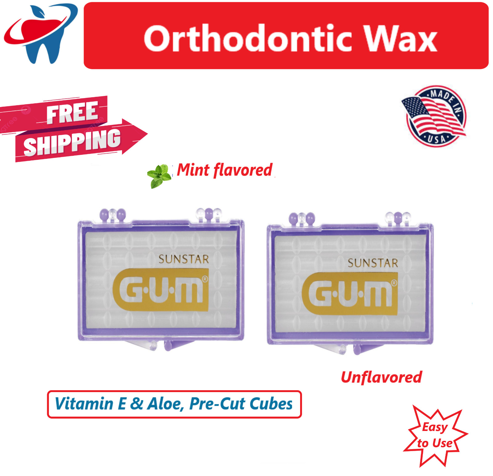 Dental GUM Standard Ortho Kit, Mint, Vitamin E & Aloe, Ortho Relief Wax, 24/Bx