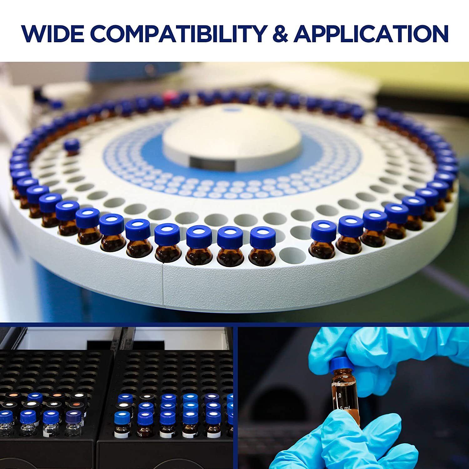 600-2ml HPLC Vials, 9-425 Lab Clear Vials 9mm Blue ABS Screw Caps & Septa for GC