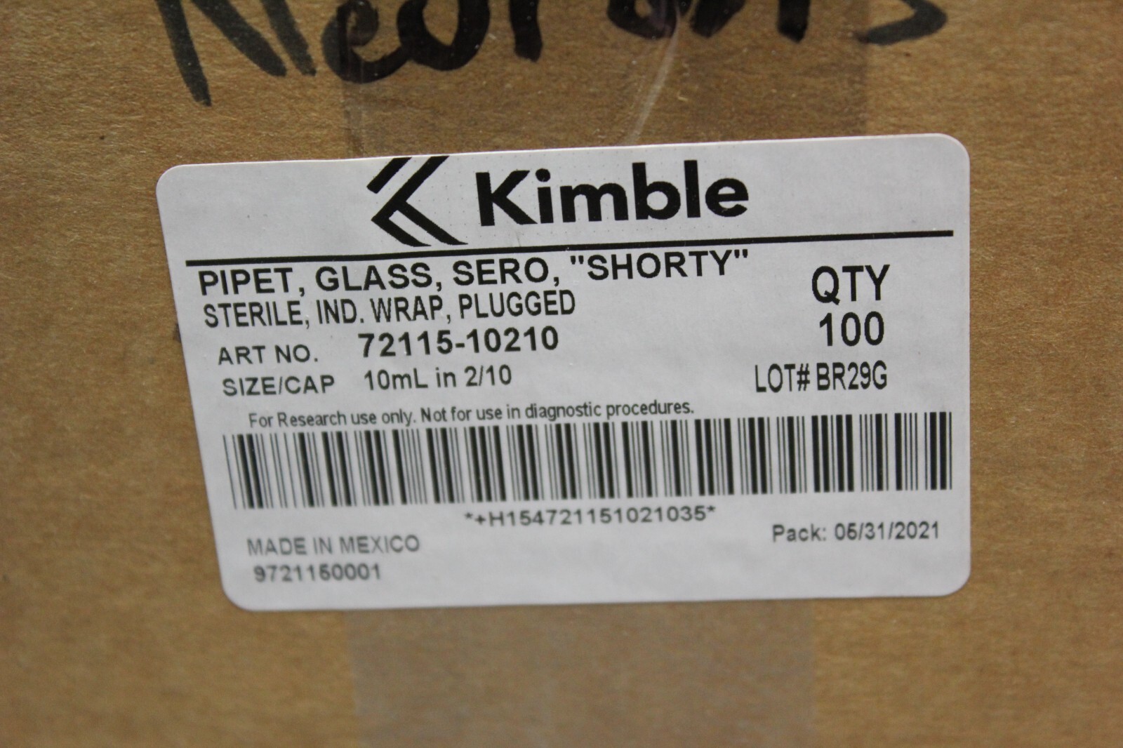 NEW BOX 100 KIMBLE 10mL GLASS SEROLOGICAL “SHORTY “PIPETTE 72115-10210
