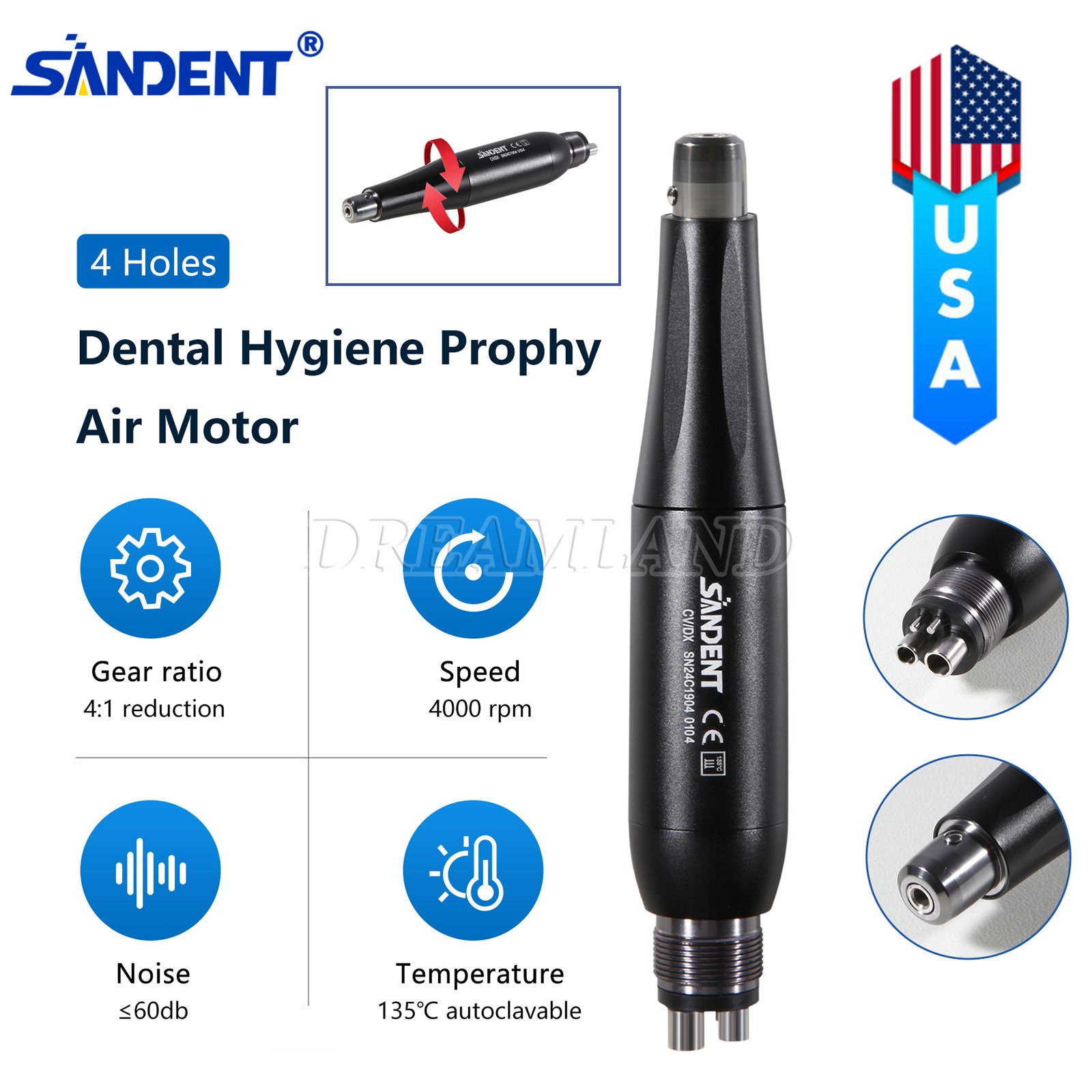 1-5 Dental Hygiene Prophy Handpiece Air Motor 4Holes 4:1 Nose Cone 360°Swivel