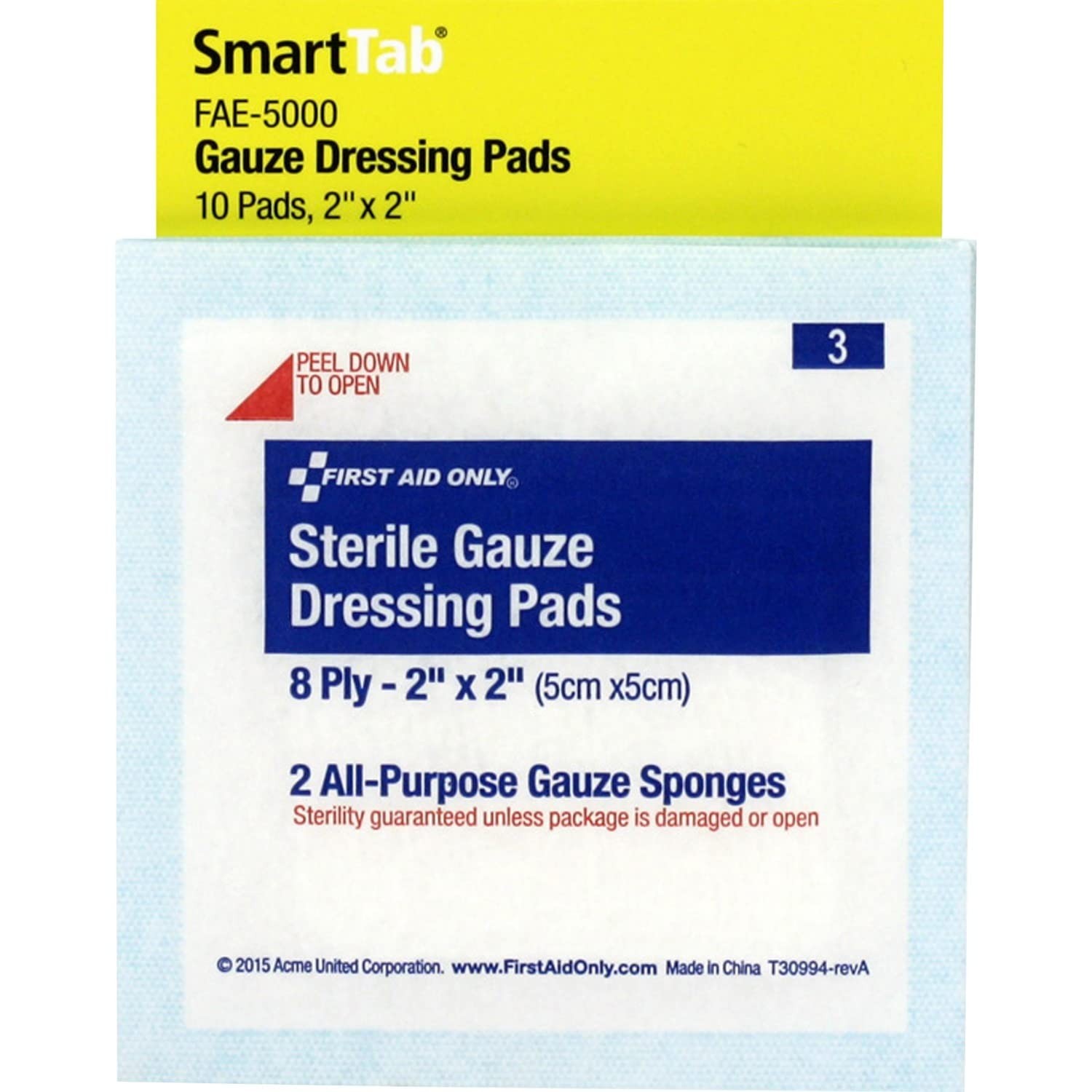 First Aid Only Sterile Gauze Dressing Pads, 2″ x 2″, 5 FAE-5000, Fae-5000
