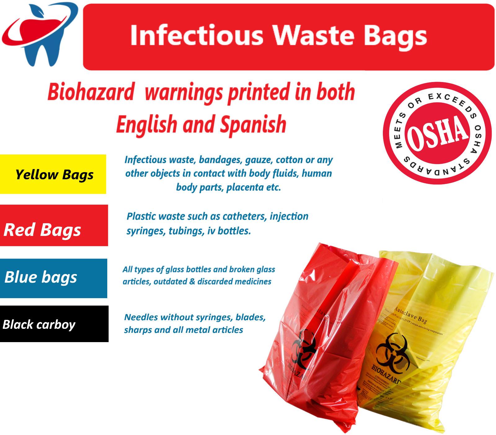 BIOHAZARD Infectious Waste Bags Red Adhesive Bag, 5 Size, Meets OSHA requirement