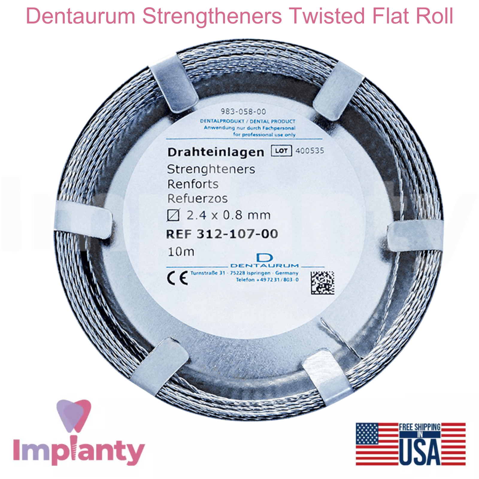 Dental Strengtheners Twisted Flat Roll Stainless Steel 2.4mm x 0.8mm Size