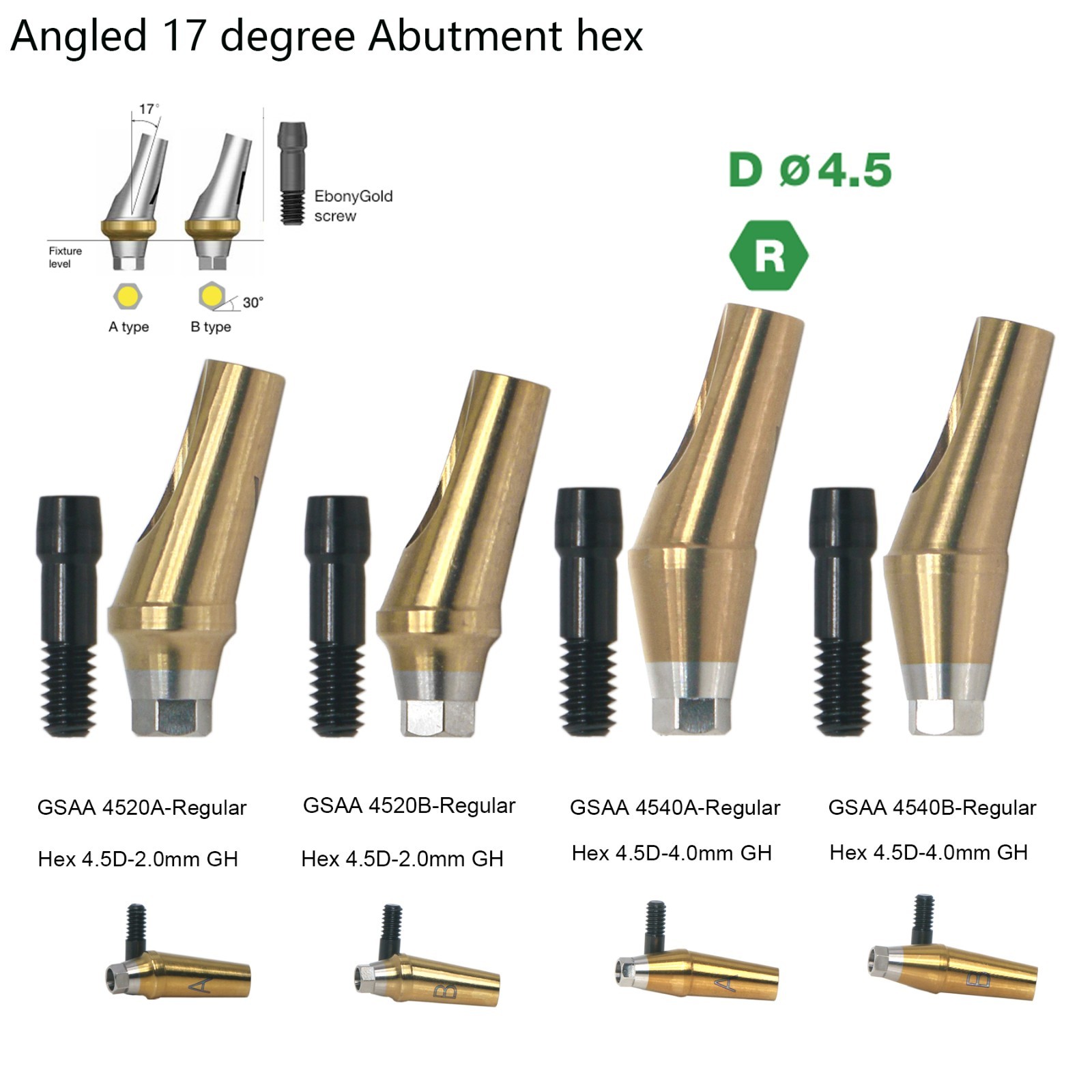 DIO UF II RP 17° Angled Anatomic Abutment Ø4.5/5.0mm Hex compatible 2.0/4.0mm GH
