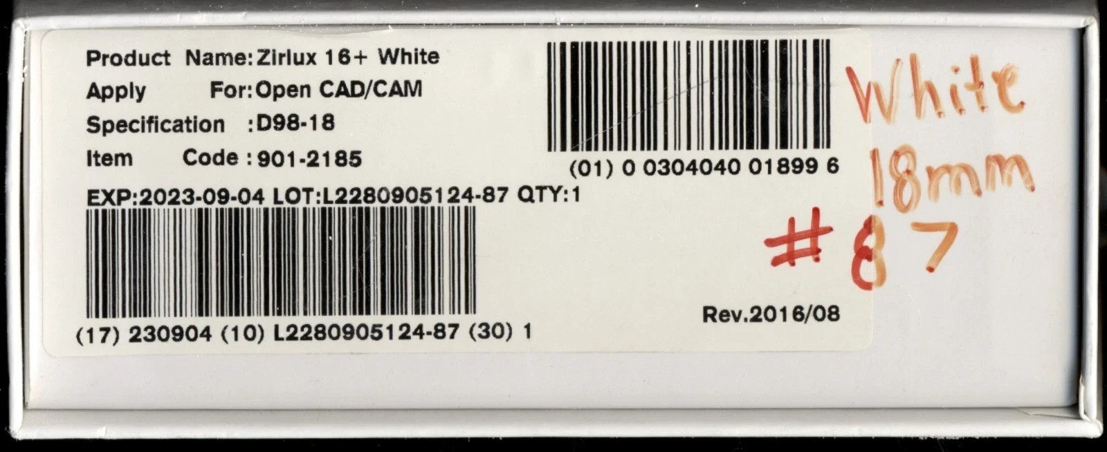 Used Zirlux 16+ White Zirconia Disc Blank 98×18 mm D98-18 Use by 2023-09-04