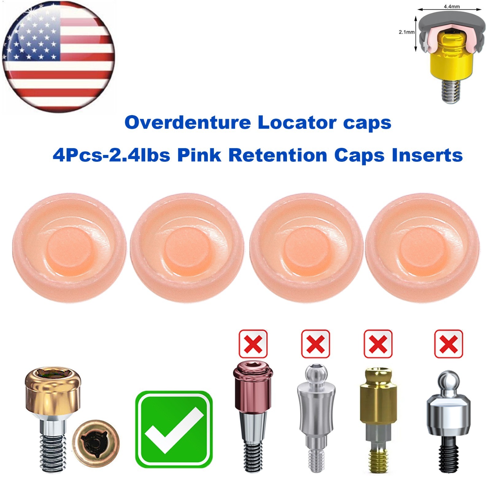 US Overdenture Dental Locator Abutment Retention Caps 1.2/2.4lbs Metal Housing