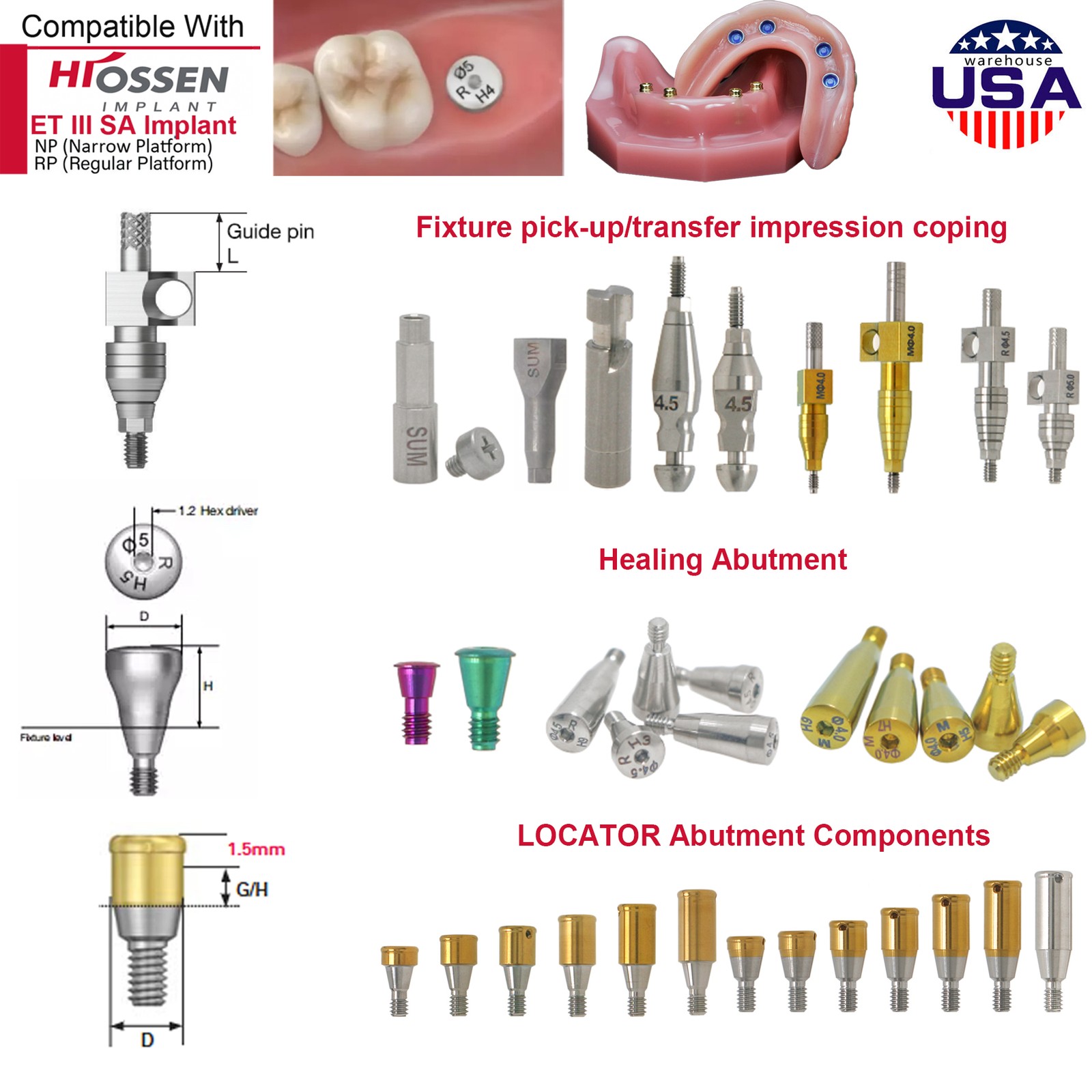 US Dental Locator Abutments Healing Impression Coping for Hiossen ET Osstem TS