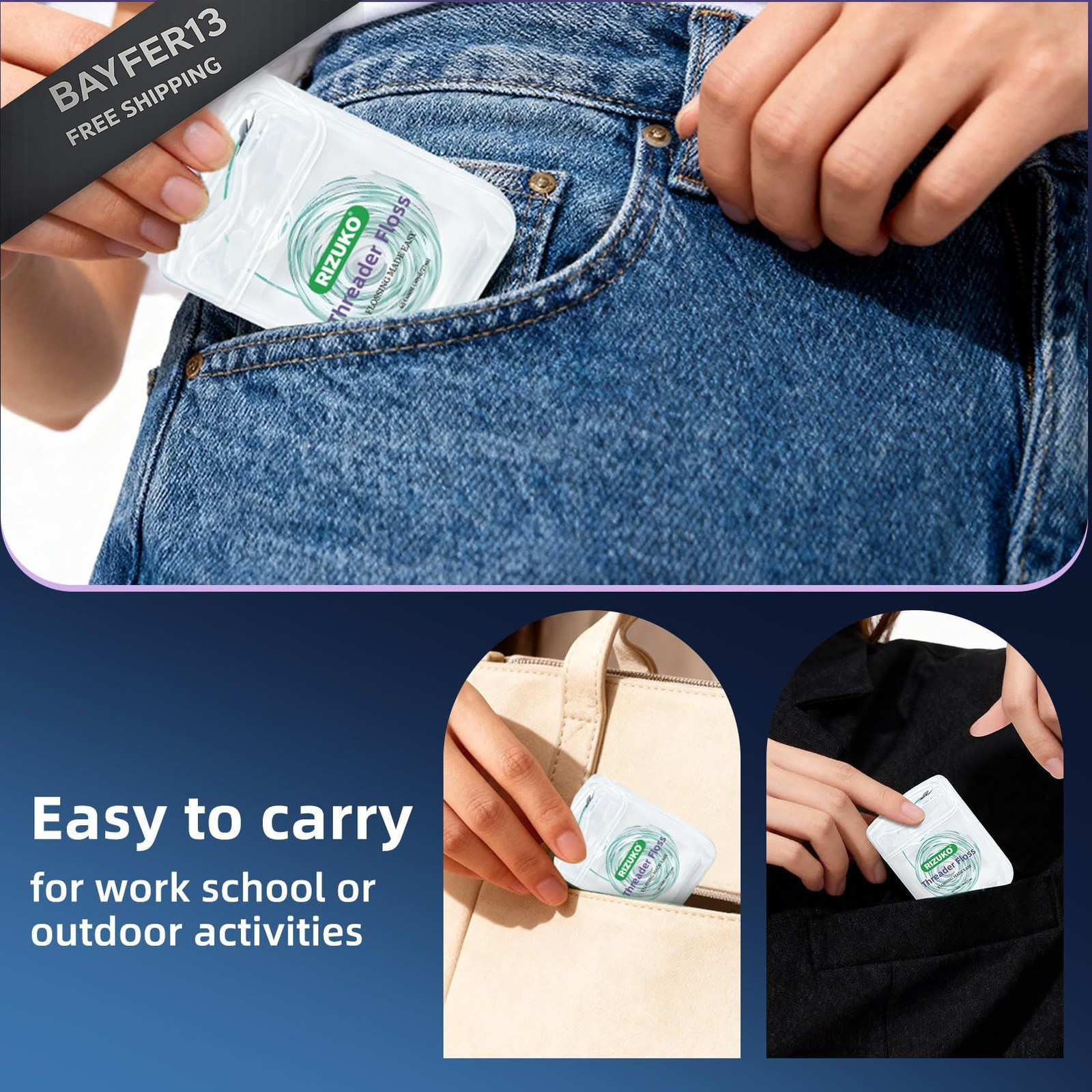 Threader Floss,2-in-1 Dental Floss for 65 Count(Pack of 2), Green+white
