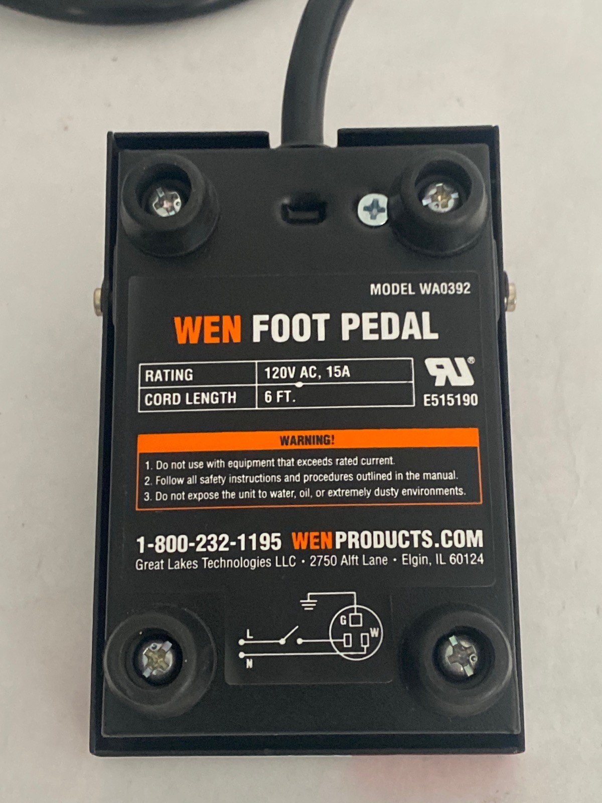Used WEN Model WA0392 Momentary Power Foot Pedal Switch 120V 15A 6’ Cord