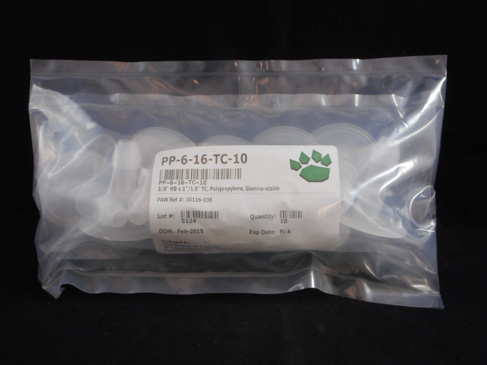 NEW PAW BIOSCIENCE 3/8”HB x 1″/1.5”TC Gamma-Stable Polypropylene Adapters (x10)