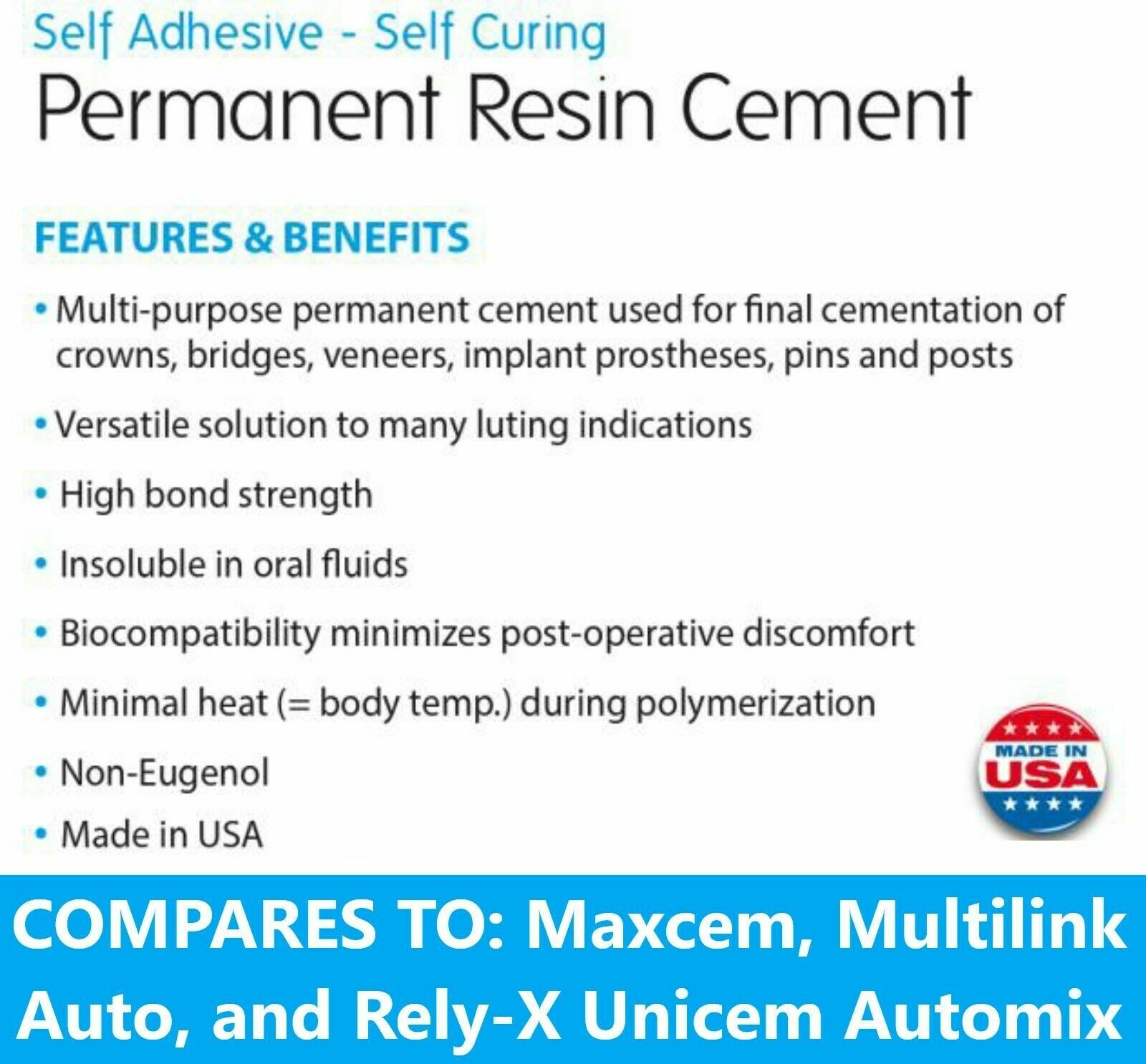 Dental Permanent Resin Cement, Self Adhesive 7 ml Automix Syringe + 6 Mix Tips