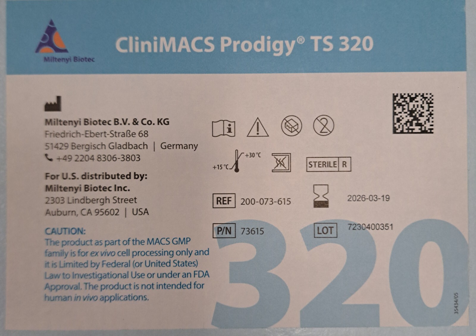 Miltenyi Biotec CliniMACS Prodigy Tubing Set 320 REF 200-073-615 EXP 2026-03-19