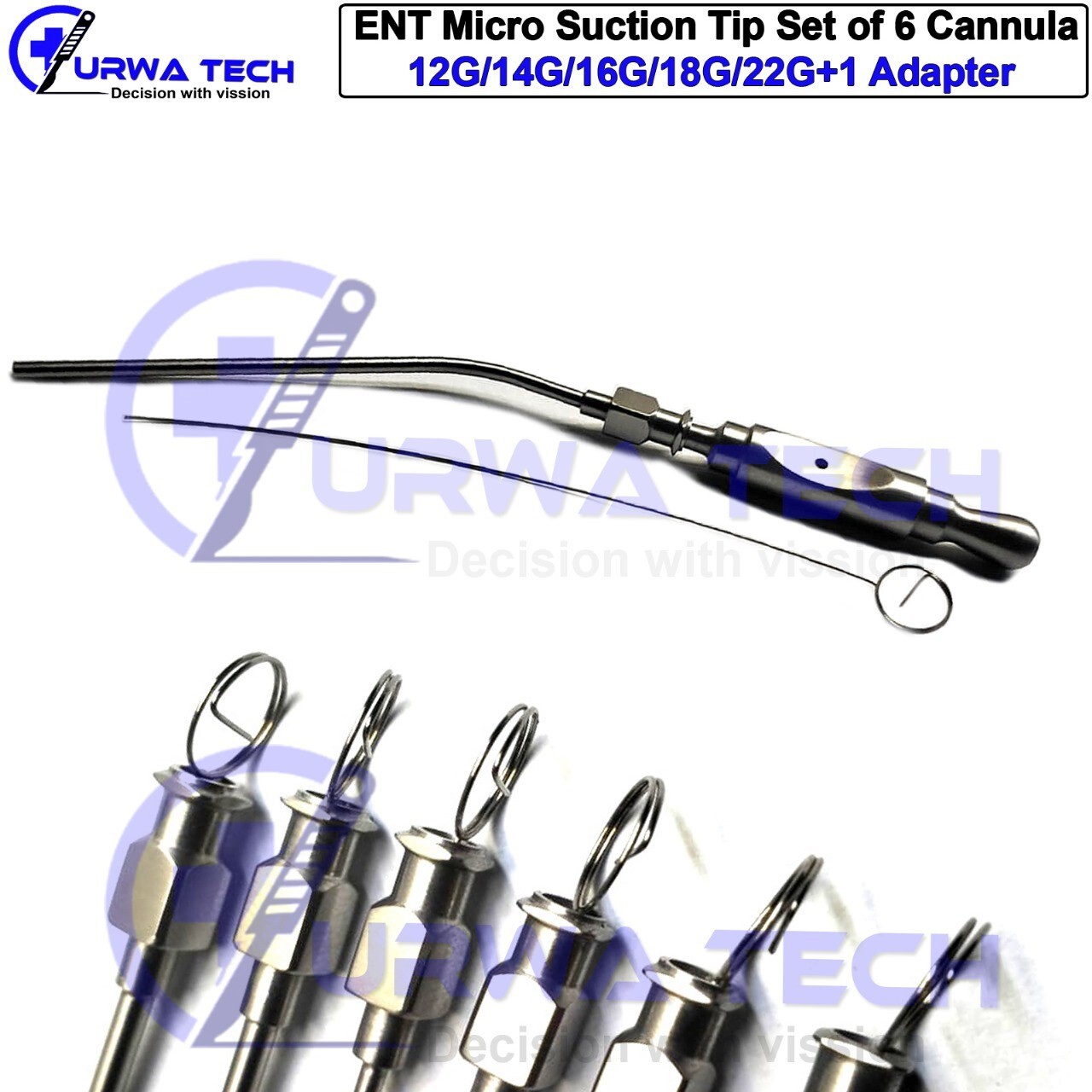 ENT Micro Suction Tip Set of 6 Cannula 12G/14G/16G/18G/20G/22G with Adapter
