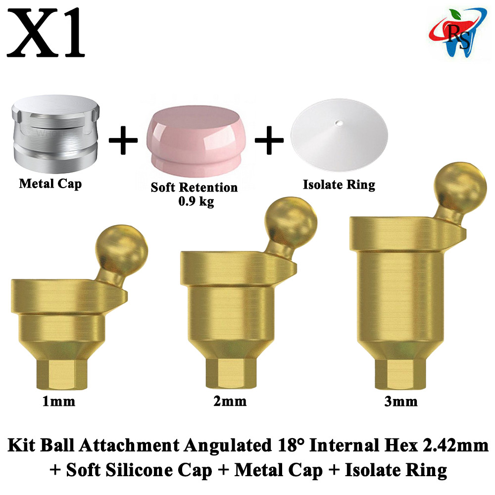 1x Kit Angulated 18° Ball Attachment Soft Silicone Cap Metal Cap Isolate Ring