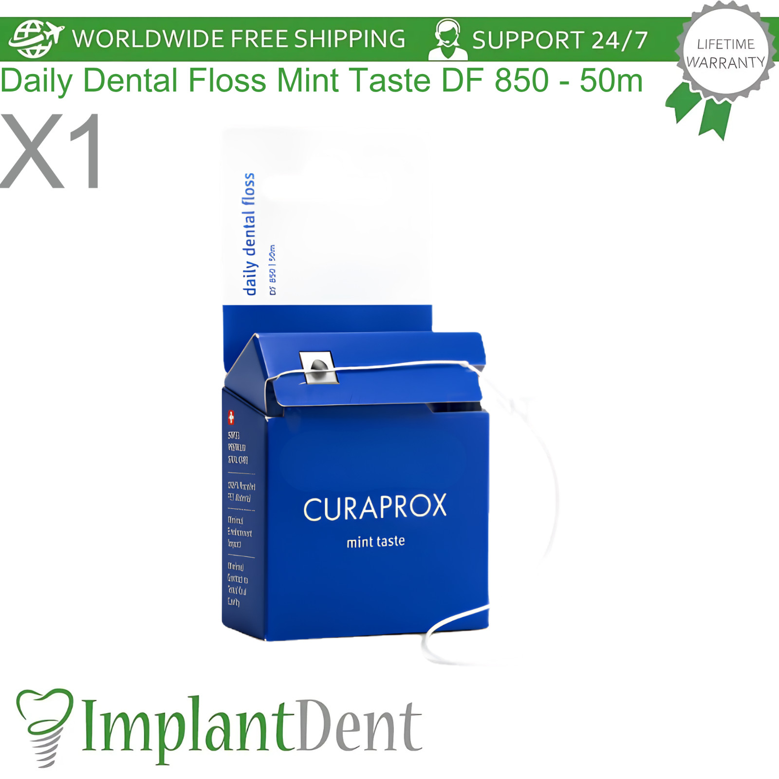 Curaprox DF 850 Daily Mint Floss 50m Dental Waxed Floss Roll with Mint Flavor