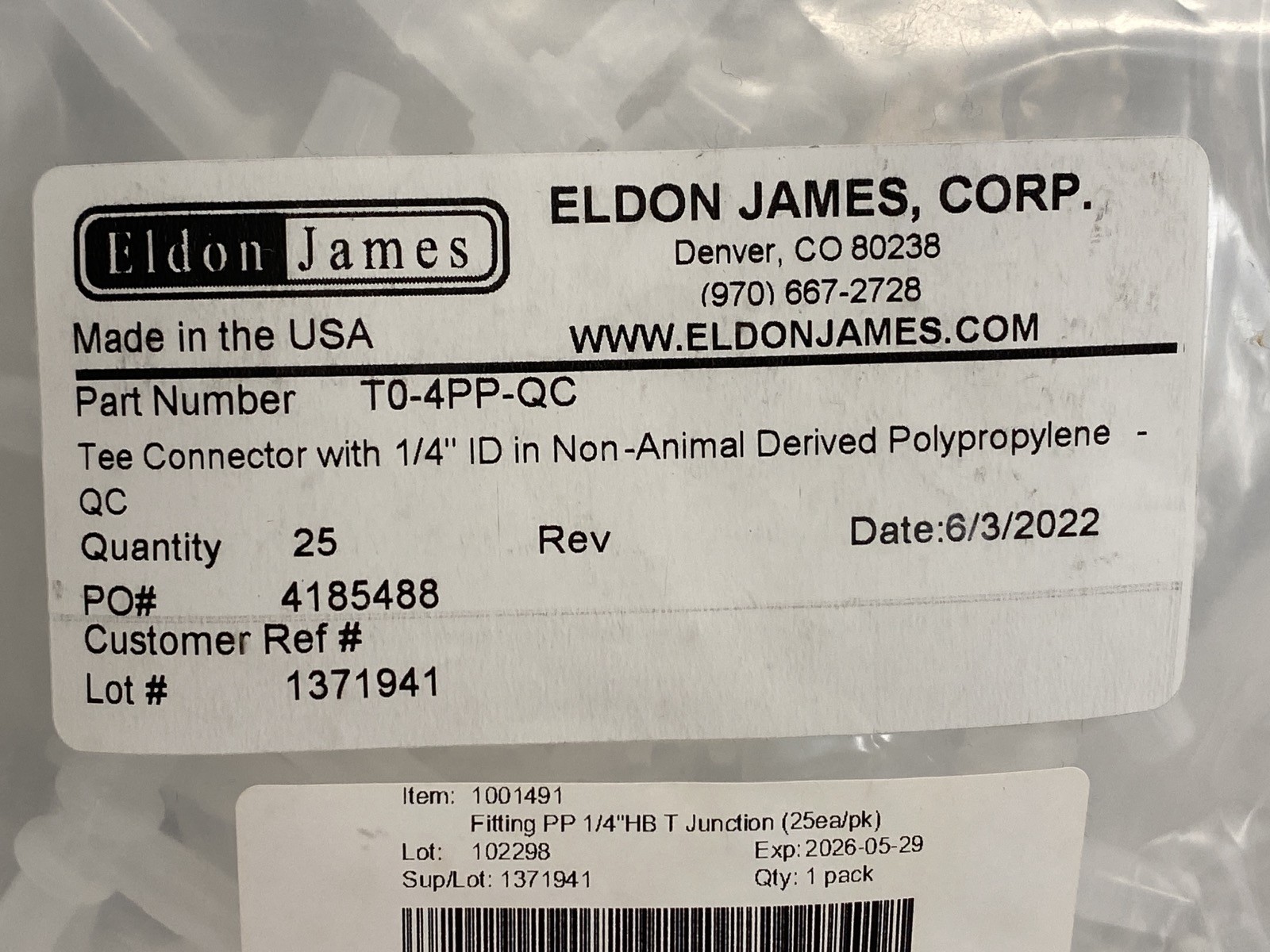 (Lot of 75) ELDON JAMES Female Luer, Straight Coupler, Tee Connector 1/4” ID HB
