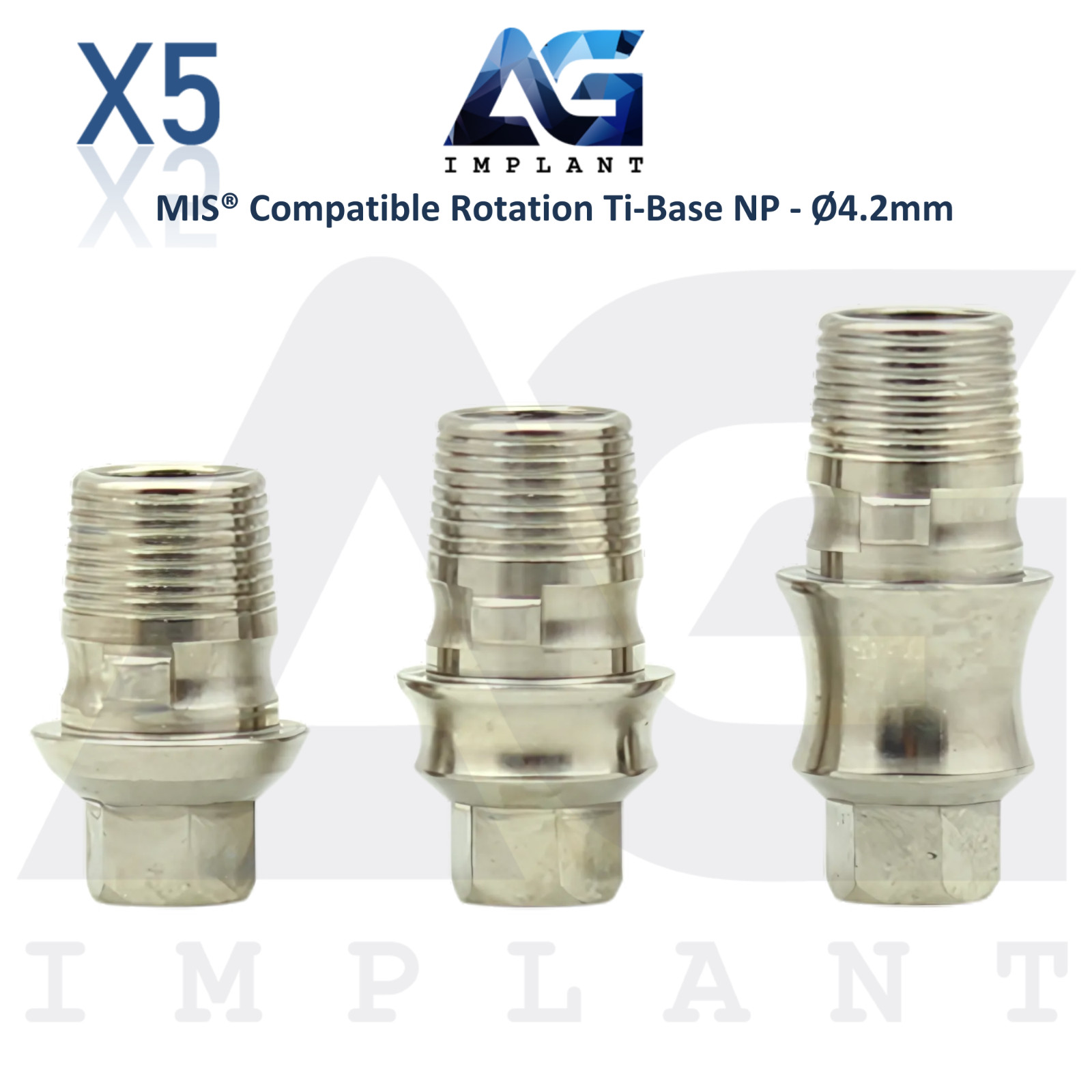 x5 Dental Ti-Base Rotation Ø4.2mm NP Compatible with MIS® Int Hex System 2.10mm