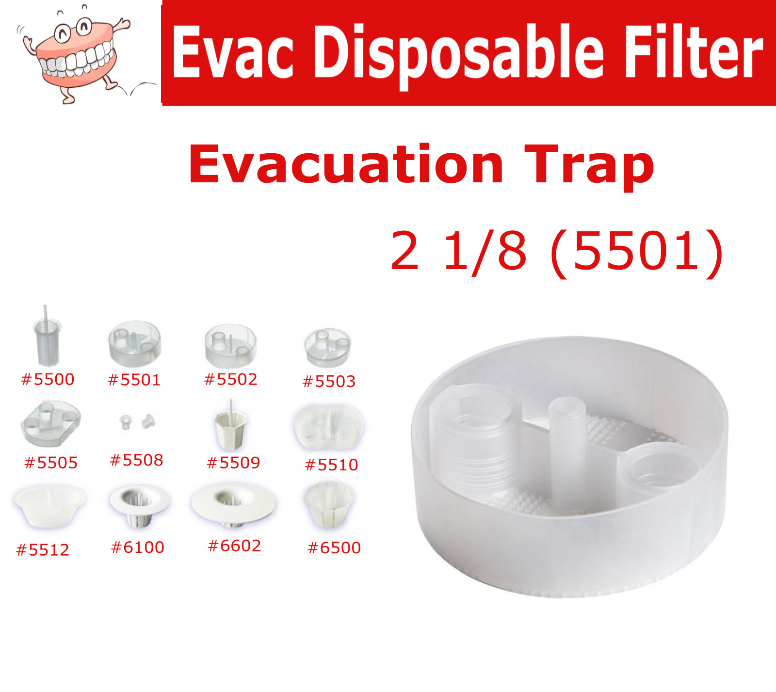 Dental Evacuation Trap 2 1/8, White, 5501 Fits A-Dec Model with Plastic Canister