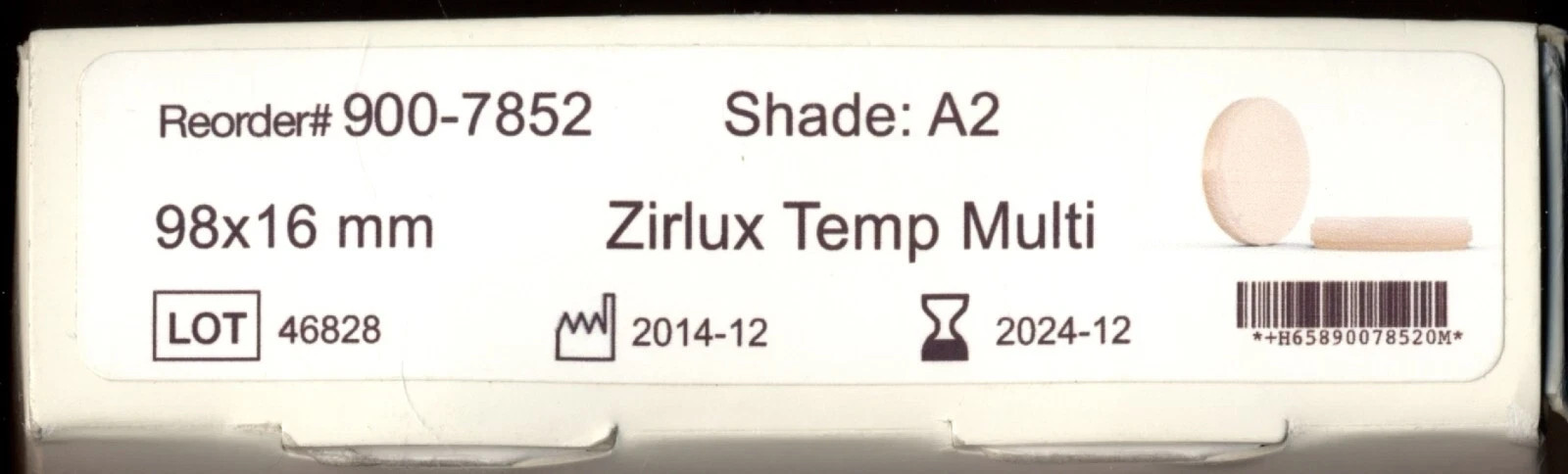 Used Zirlux Temp PMMA – 98×18 mm – Shade B1 – 900-7905 – Use By 2026-03