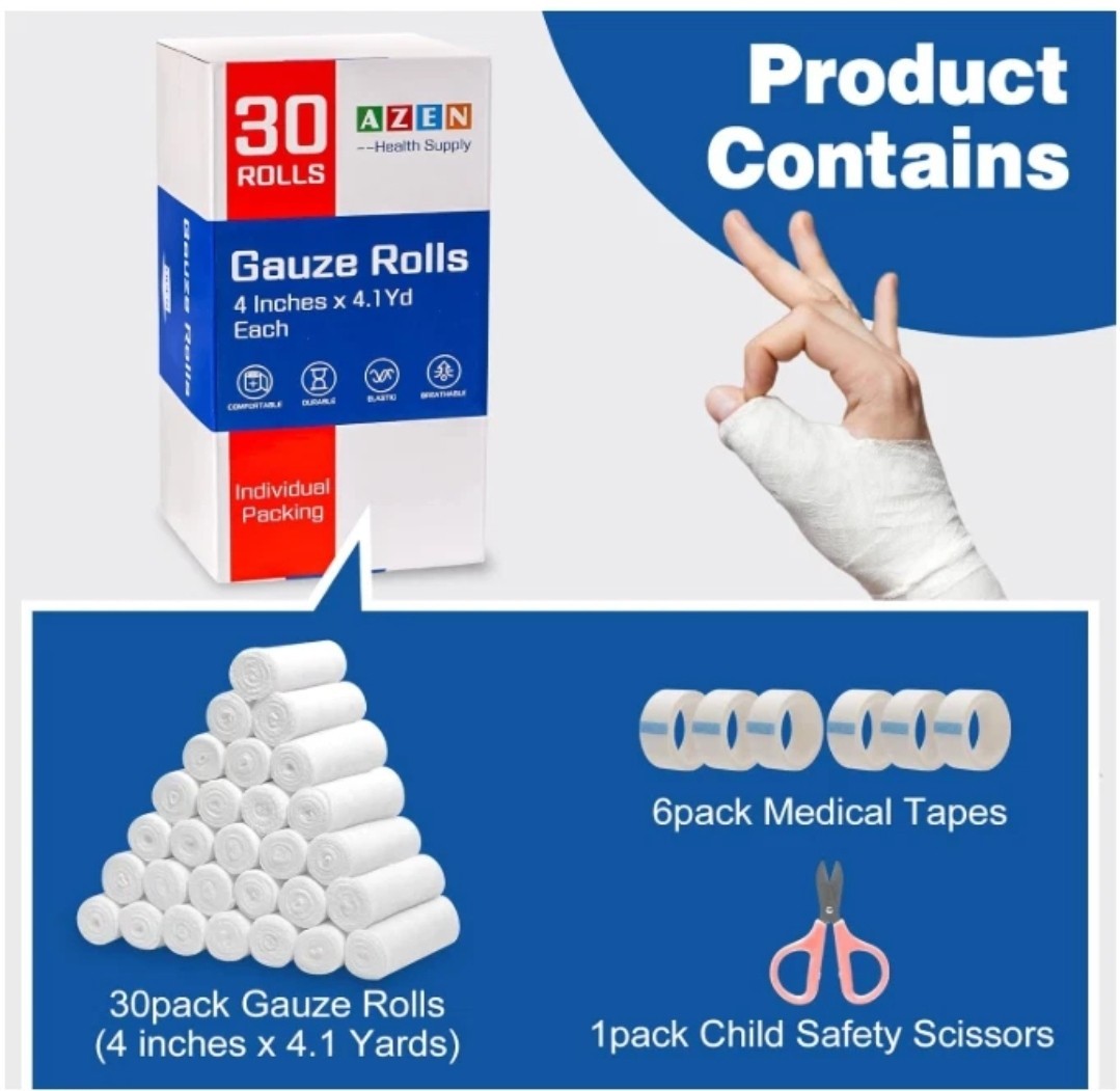 AZEN 30 Pack Gauze Rolls Bandages, 4 in x 4.1 Yards, Premium 4IN, C-30p Free Shi