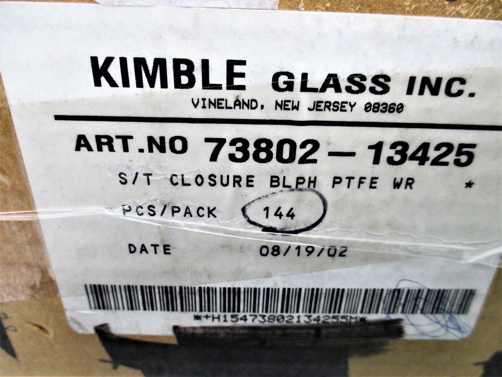 Kimble Glass 73802-13425 S/T Closure BLPH PTFE WR New Qty 144