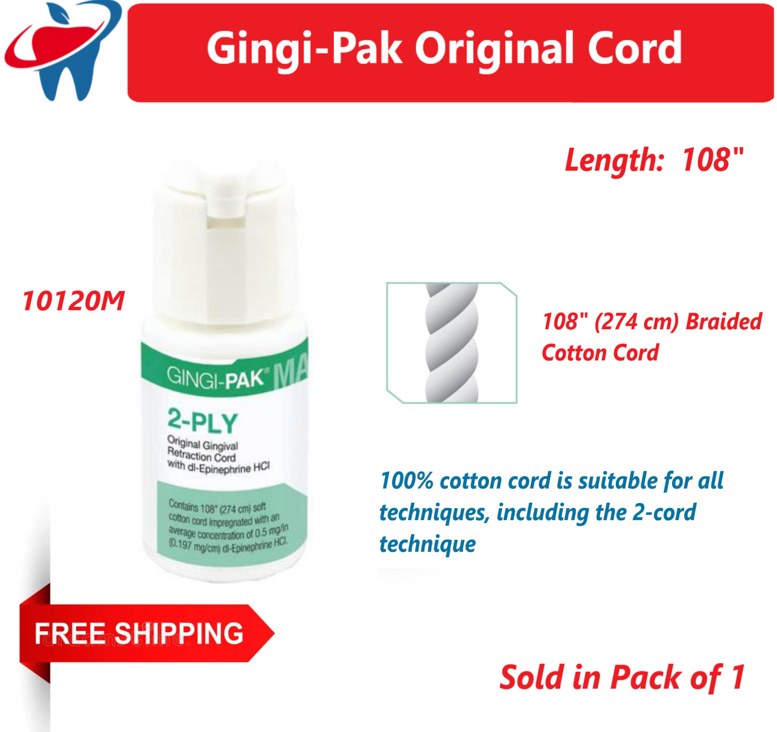 Dental Gingi-Pak Original Cord, Retraction Cord w/ Epin, 2-Ply, 108″, 10120M