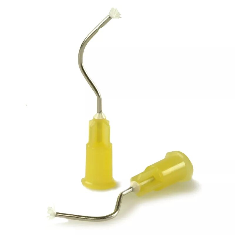 Dental Delivery Tip Prebent Metal Infusor Tip Brush Padded End 19G Yellow 100pk