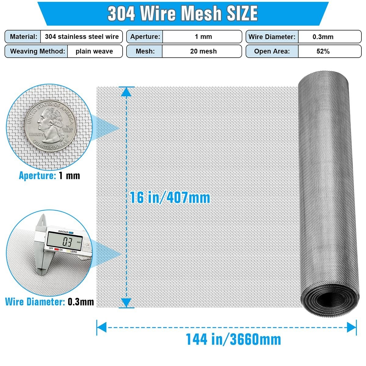 Stainless Steel Mesh Screen 16×144 – 20 Mesh, Rust-Resistant