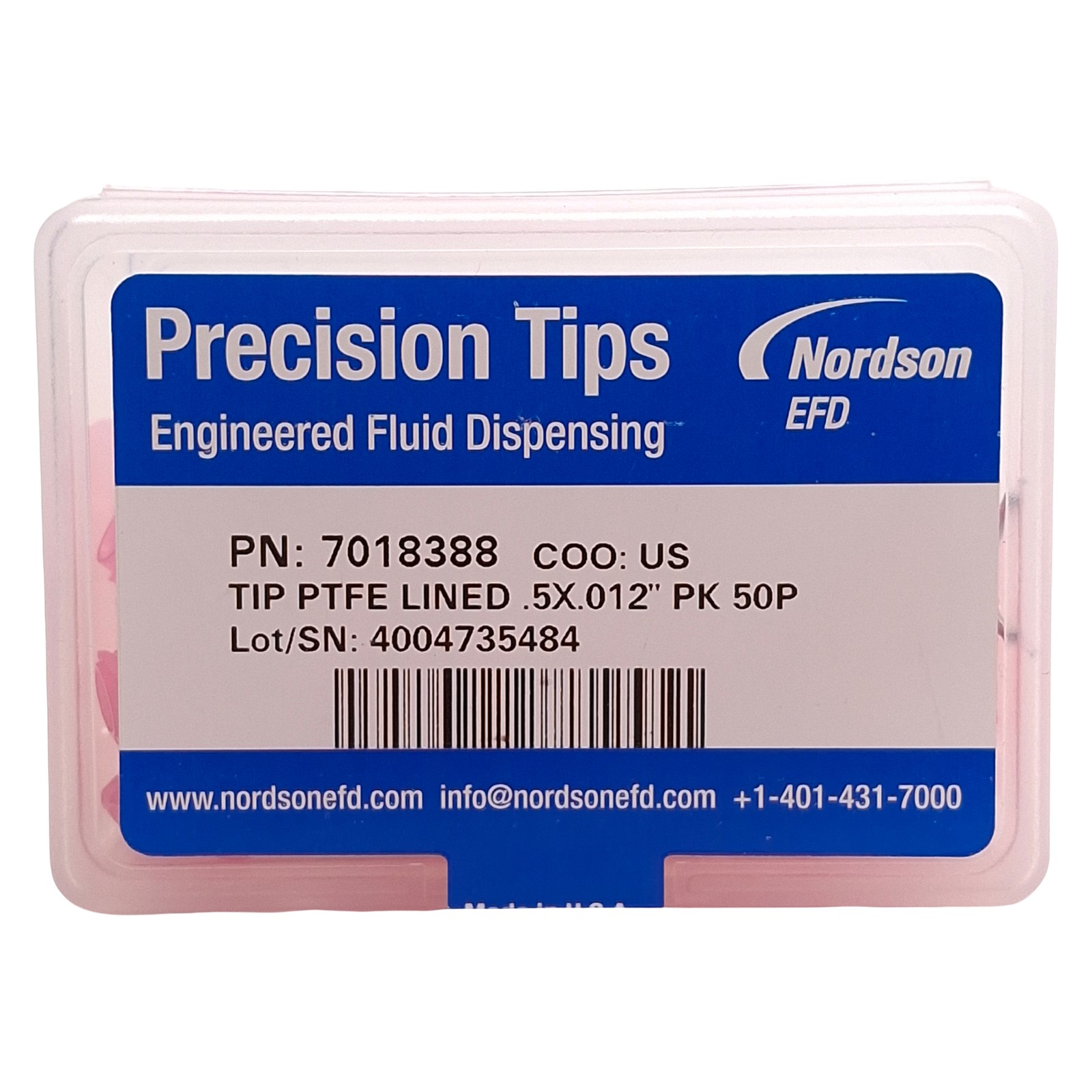 Nordson EFD 7018388 Precision PTFE-Lined Tips, Pink, 0.5in x 0.012in ID, 50/Box