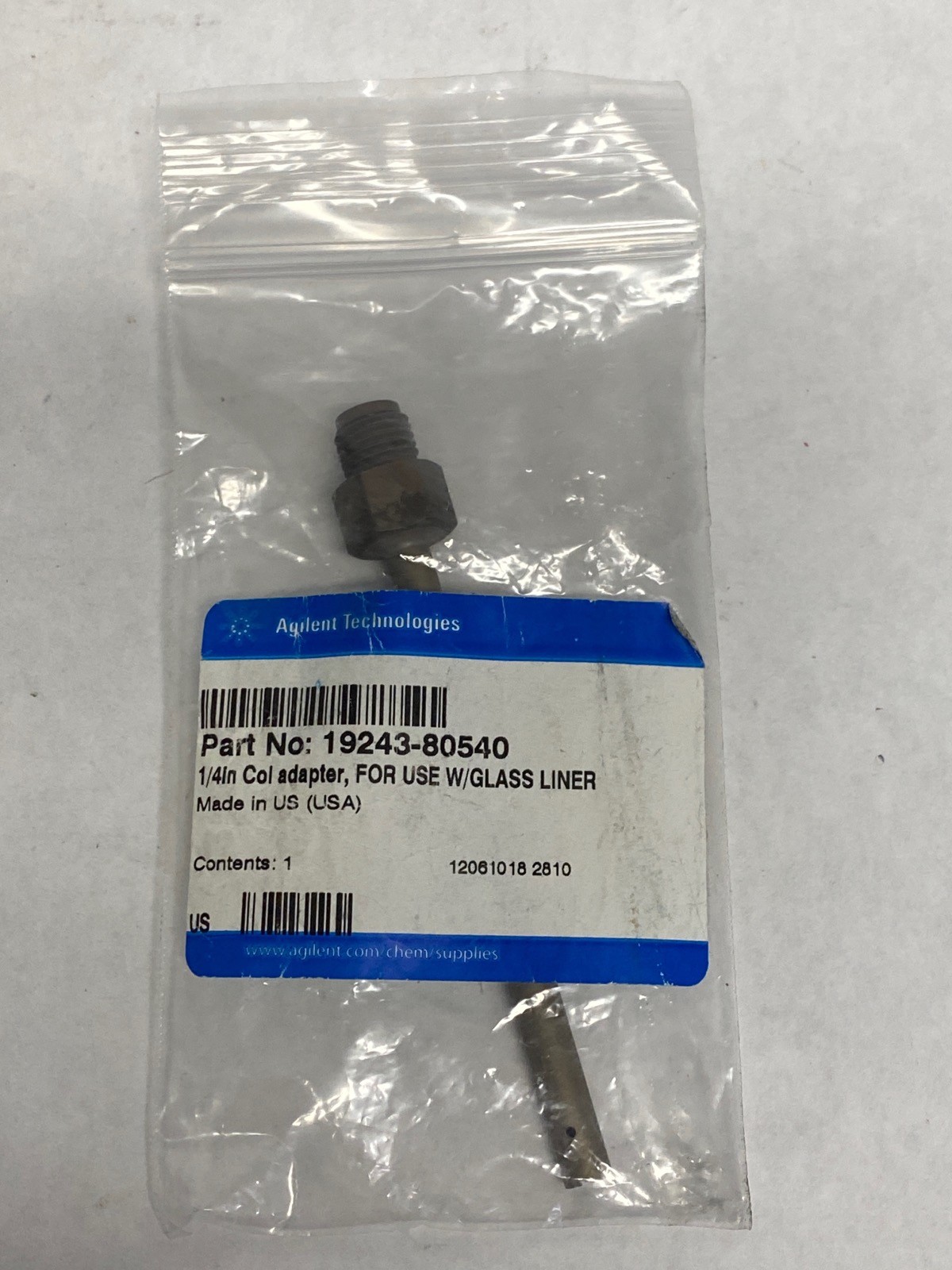 Used AGILENT 1/4” OD Packed Column Inlet Adapter for Glass Liners 19243-80540