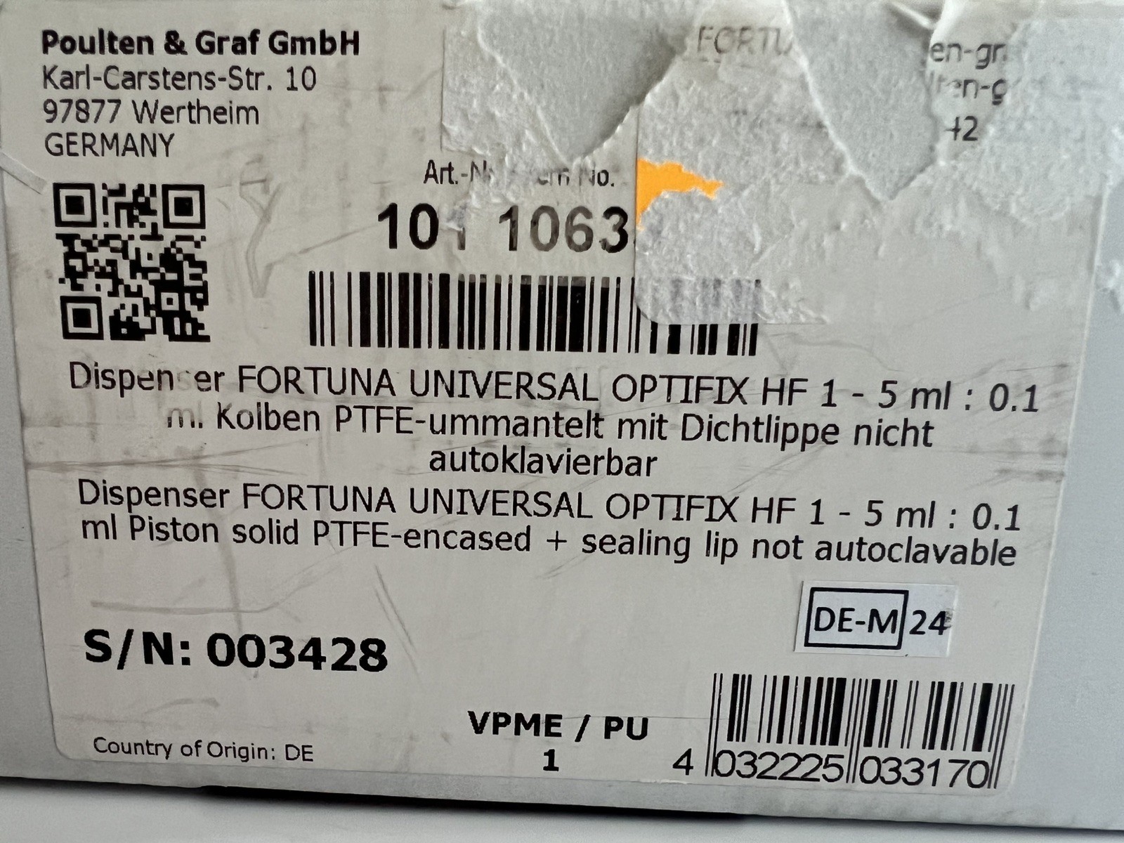 New Poulten & Graf Bottle Top Dispenser Kit 101-106-33 Fortuna OPTIFIX HF 1-5ml