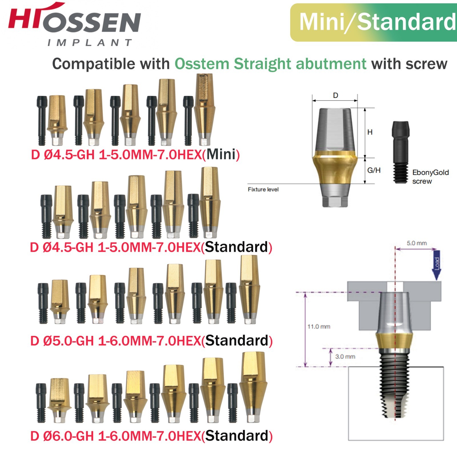 5PCS Hiossen ET M/R Transfer Straight Abutments Ø4.5-6.0mm w/7.0 Hex Osstem TS