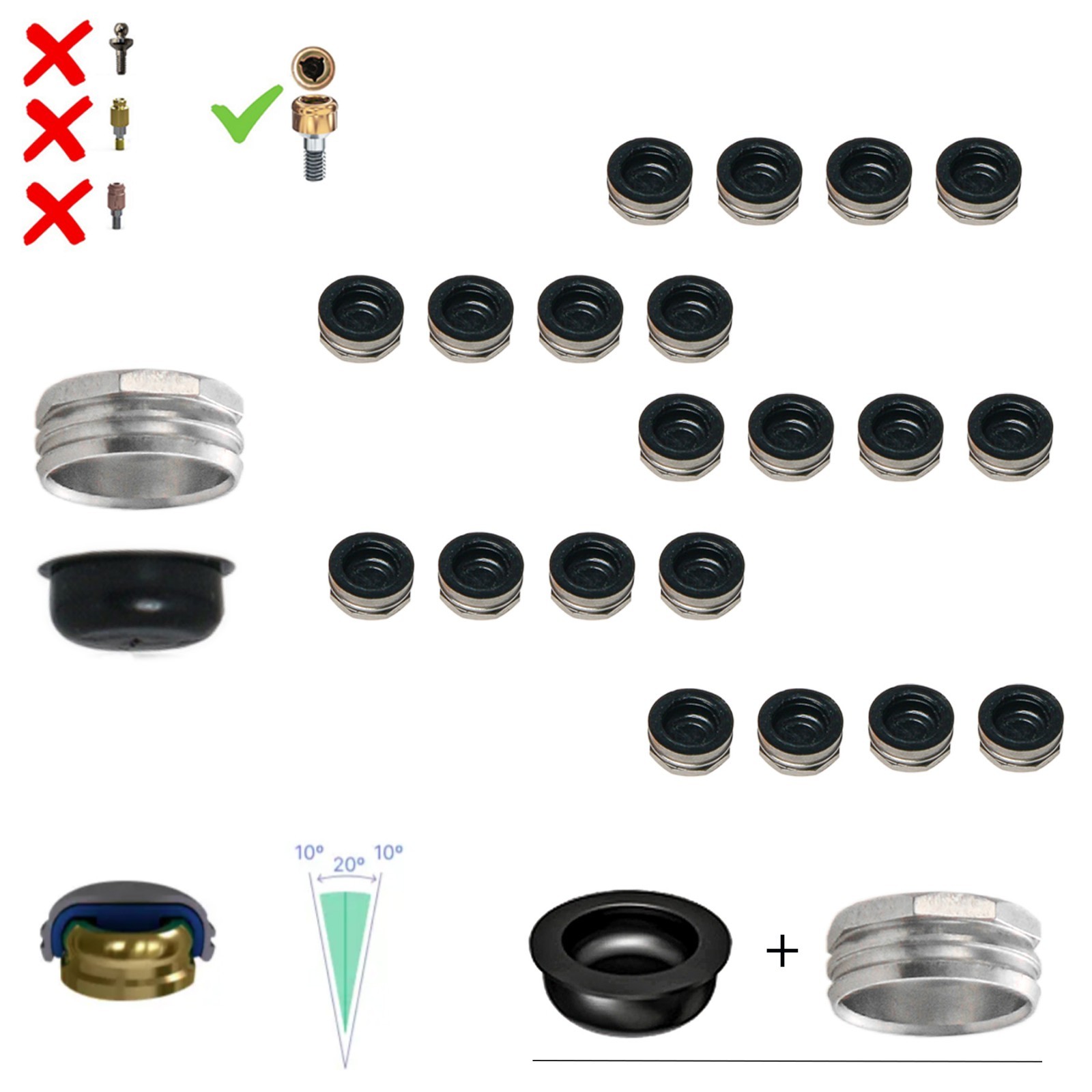 20Pcs Dental Overdenture Locator Abutment Replacement Retention Cap Inserts Set