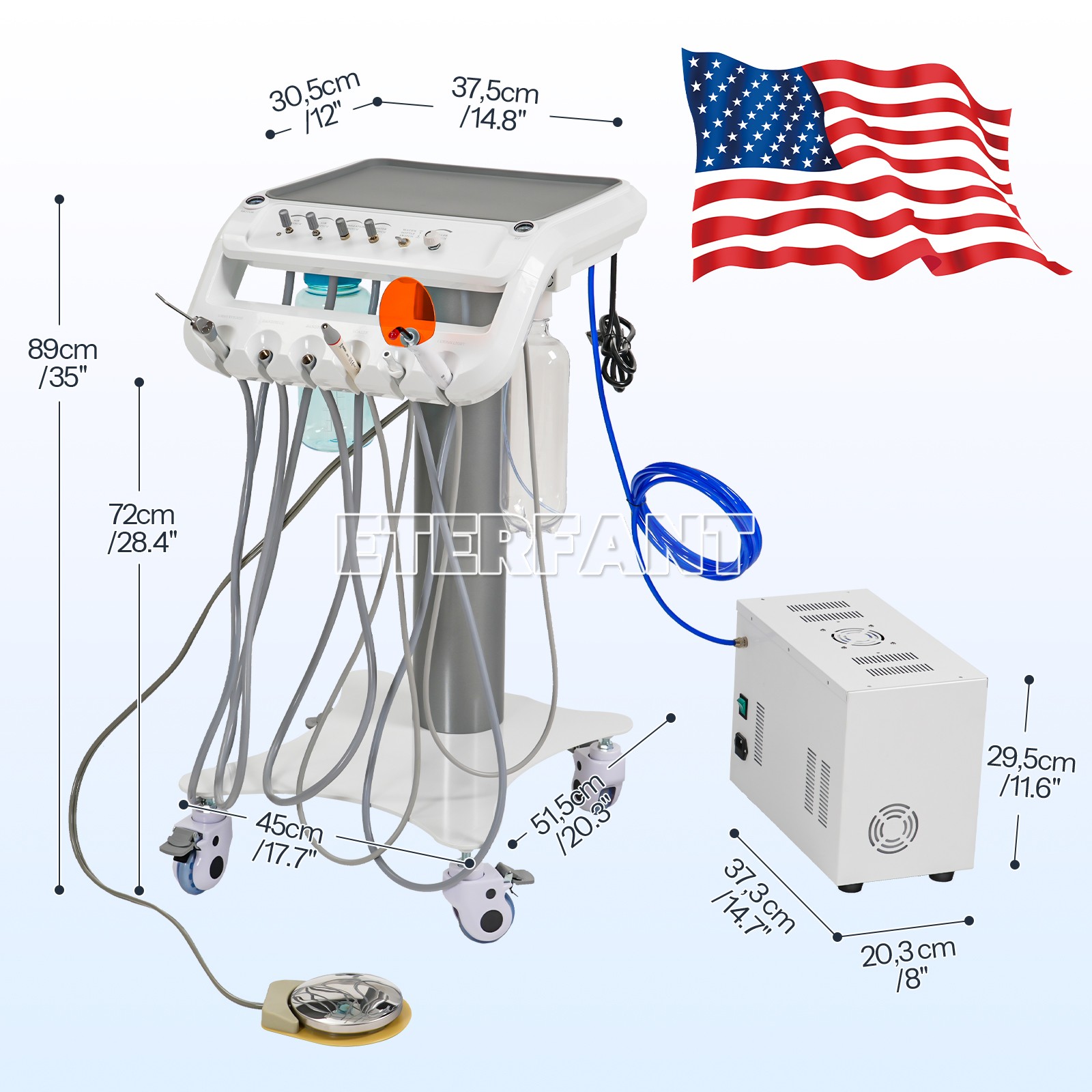 Dental Portable Mobile Cart Delivery Unit System 4Holes with Air Compressor US