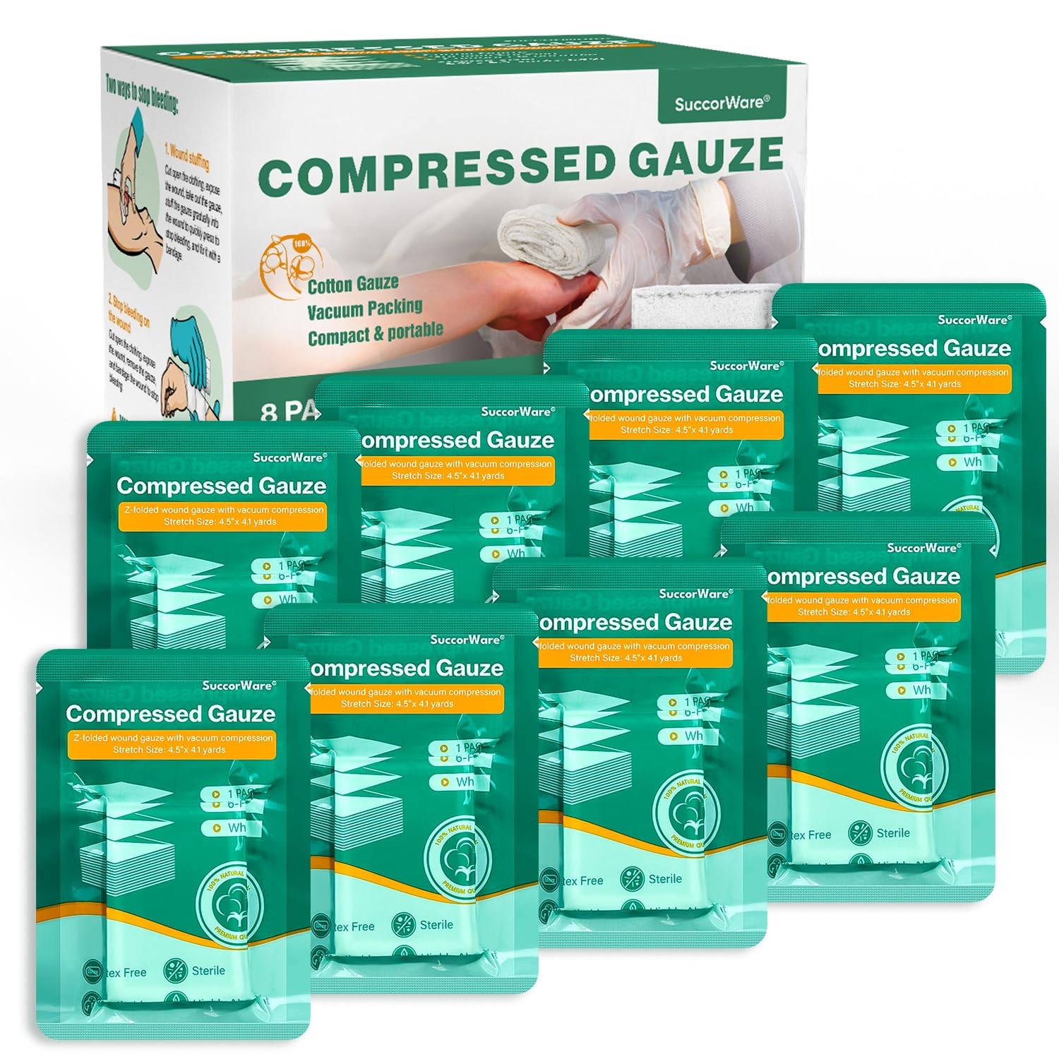 SuccorWare 8 Packs Sterile Compressed Gauze with Z-Folded – 4.5″ x 4.1 yards