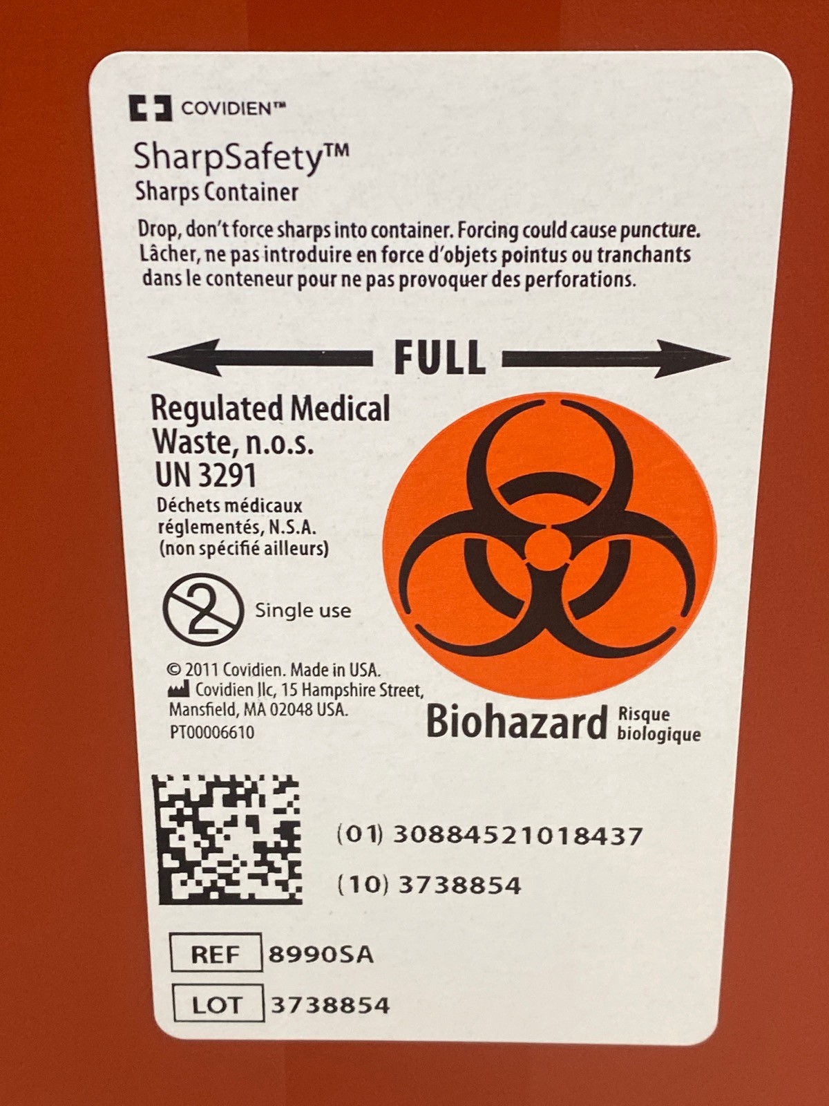 (3) COVIDIEN SharpSafety Red Sharps Containers 2-Gallon w/ Clear Lid 8990SA