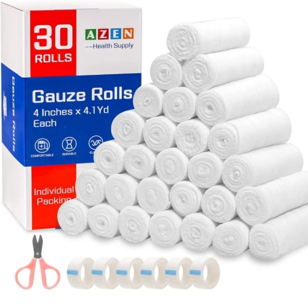 AZEN 30 Pack Gauze Rolls Bandages, 4 in x 4.1 Yards, Premium 4IN, C-30p Free Shi