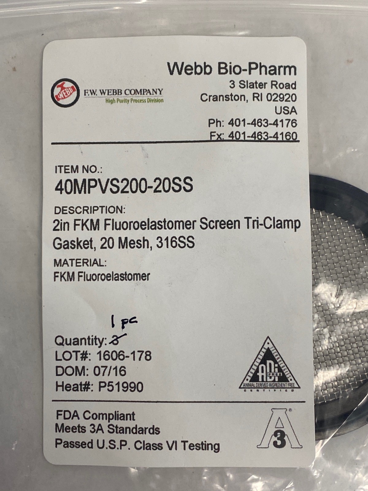 WEBB BIO-PHARM 2” FKM Screen Tri-Clamp Sanitary Gasket 20-Mesh Stainless