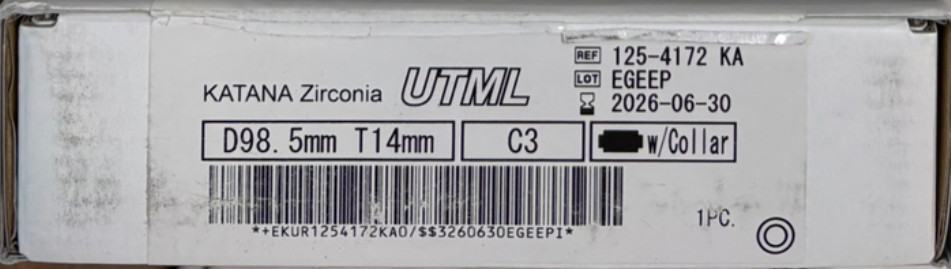 Kuraray Katana Zirconia Disc UTML 98.5mm C3-14 Dental Milling – New