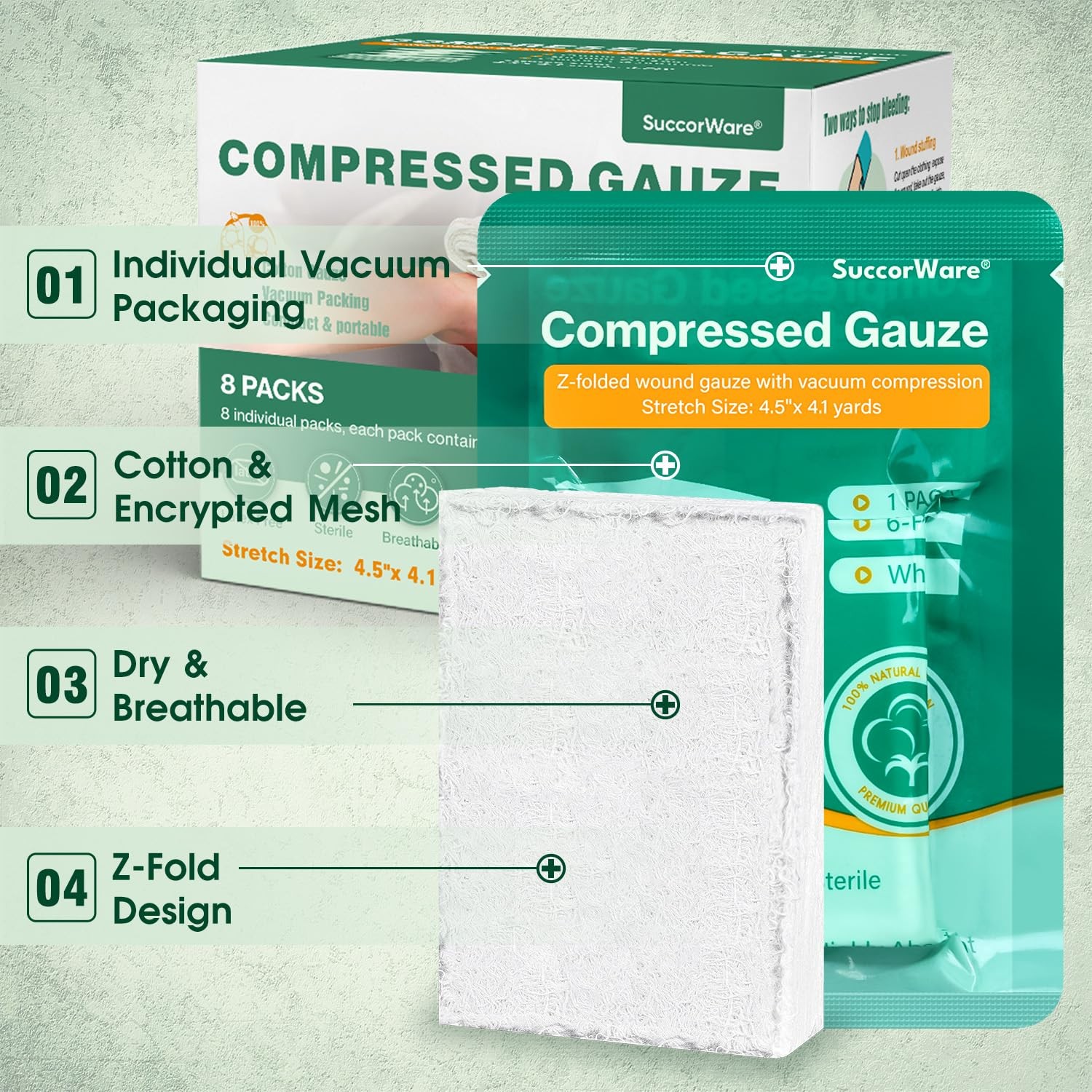 SuccorWare 8 Packs Sterile Compressed Gauze with Z-Folded – 4.5″ x 4.1 yards