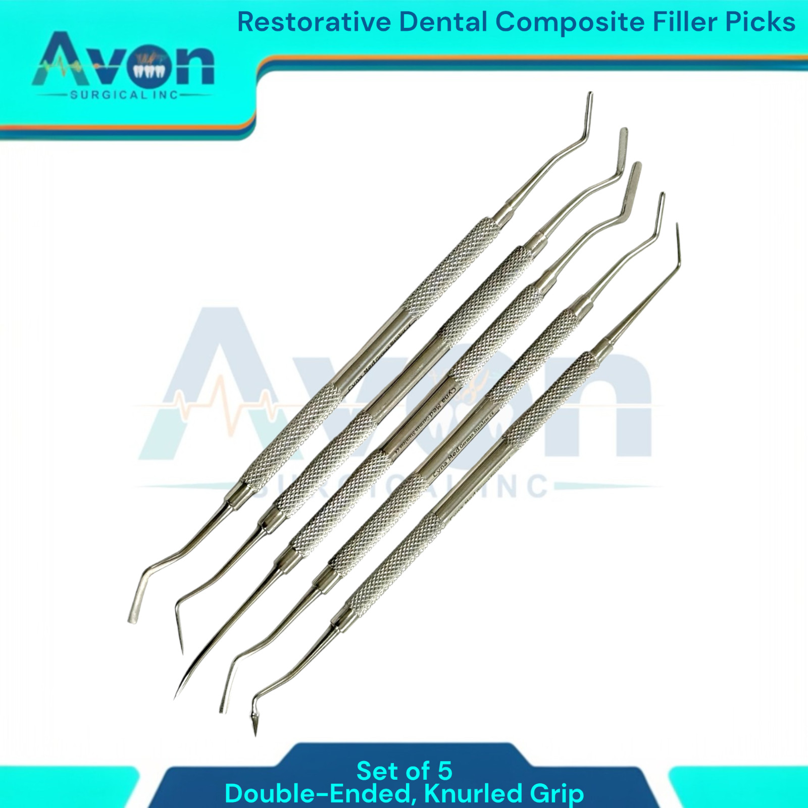 Knurled Grip, Double-Ended Dental Filling Carver Picks (5 Pack) German Stainless