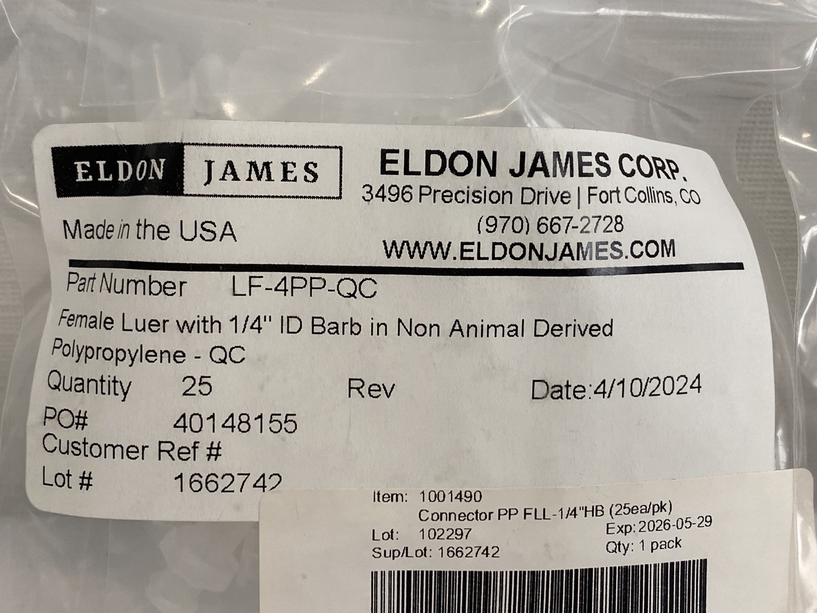 (Lot of 75) ELDON JAMES Female Luer, Straight Coupler, Tee Connector 1/4” ID HB