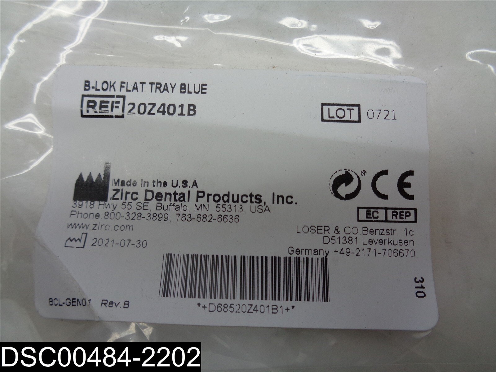 20Z401B Zirc Dental Products Blue B-Lok Flat Tray