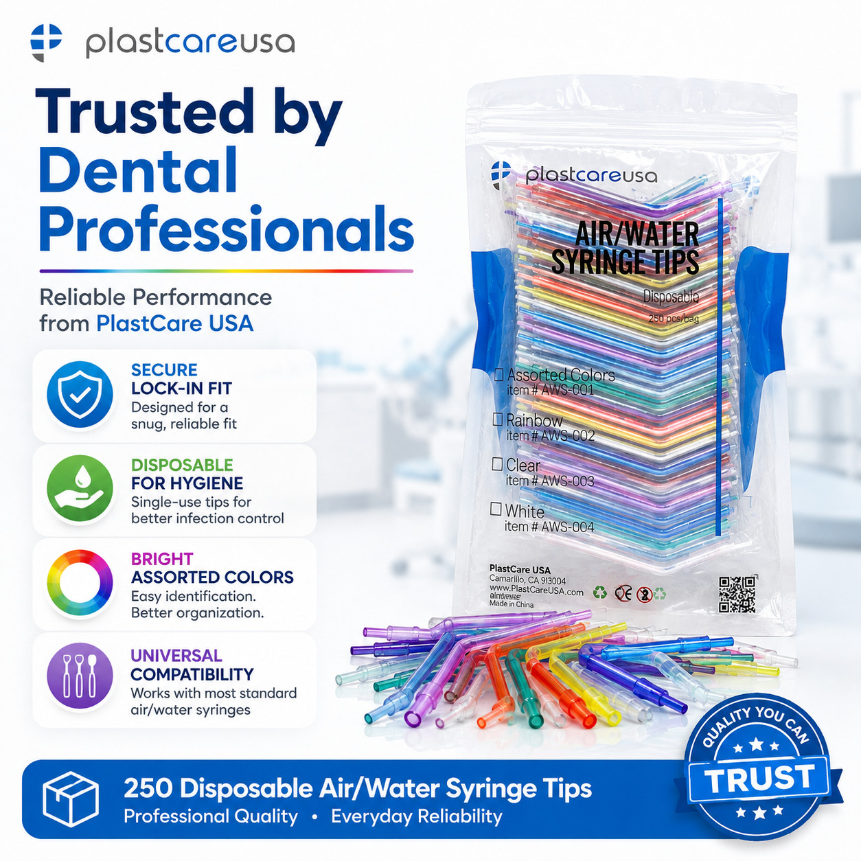 1000 Dental Disposable Air Water Syringe Tips, Rainbow Variety, (4 Bags of 250)
