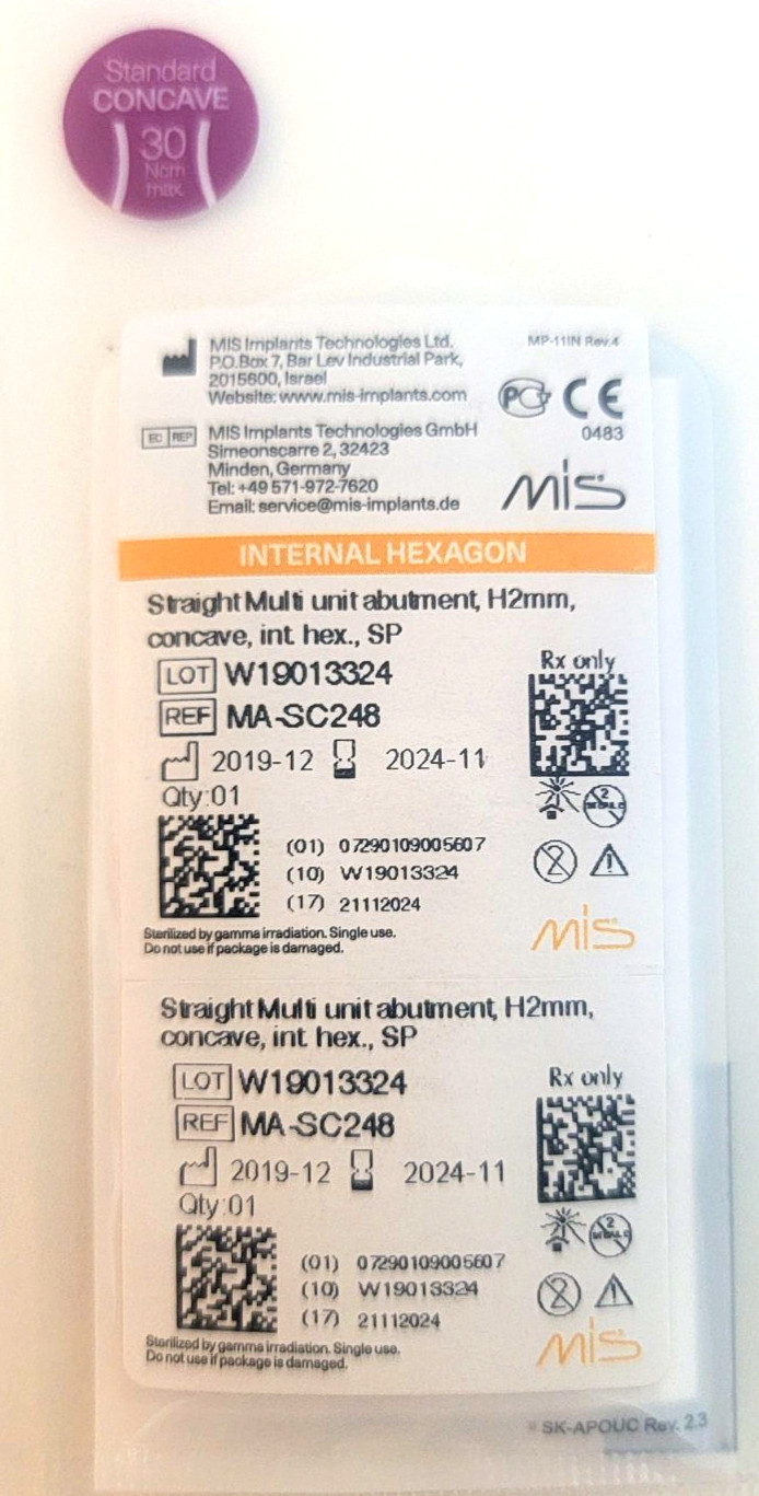 Original MIS Straight Multi Unit Abutment , H 2mm concave, int. hex, SP. MA-SC24