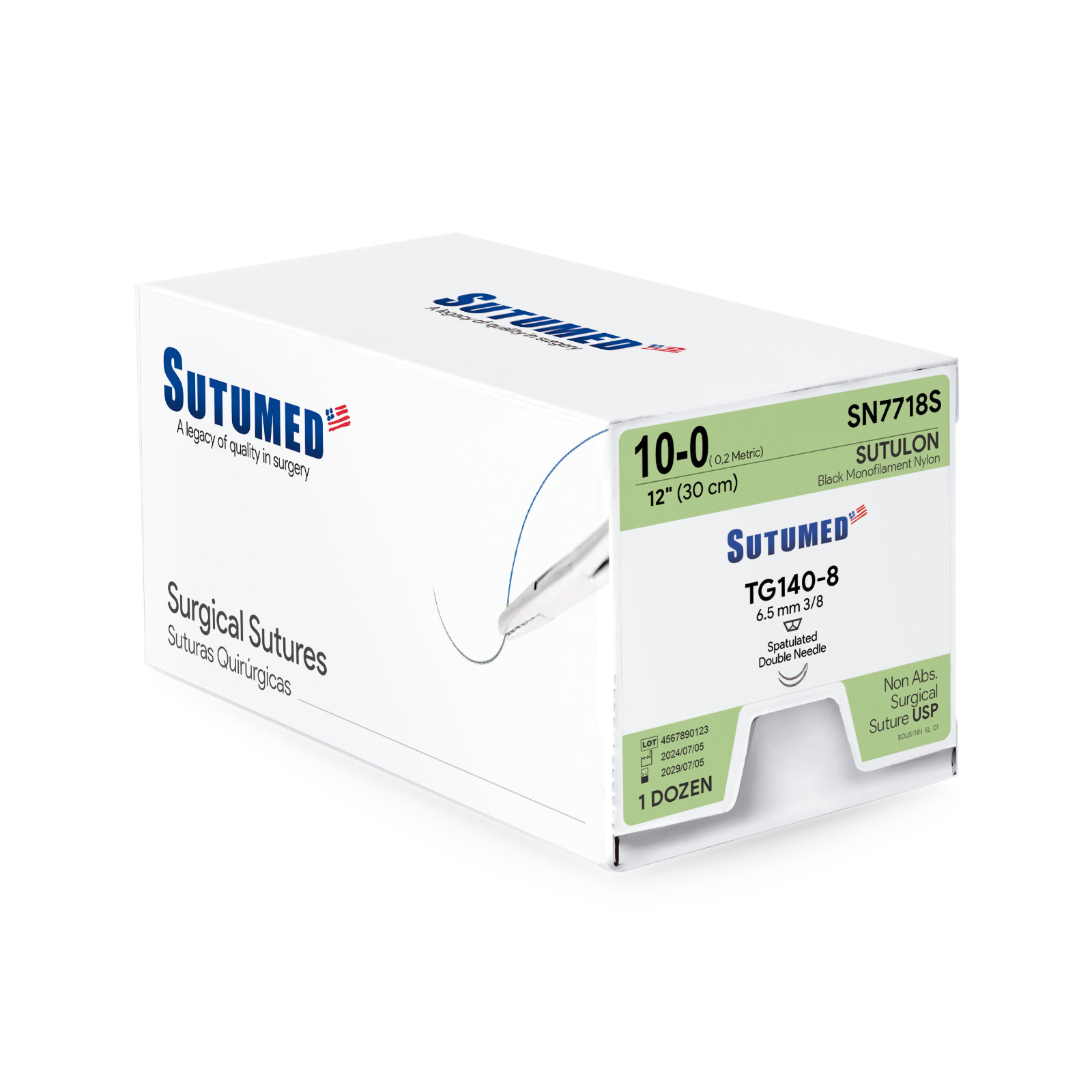 Sutumed SUTULON Nylon 10-0, (TG140-8) 3/8 6.5 mm Spatulated Double Needle, 12″